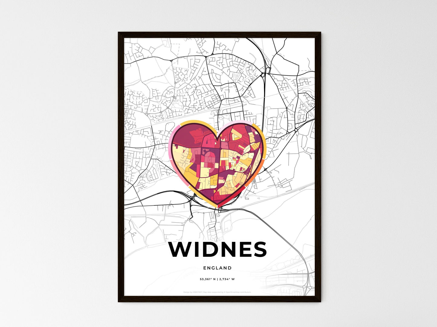 Widnes England wedding art map with heart icon