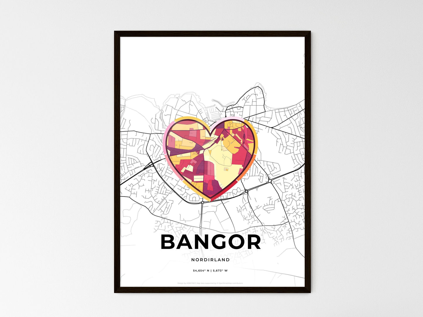 Bangor Northern Ireland wedding art map with heart icon