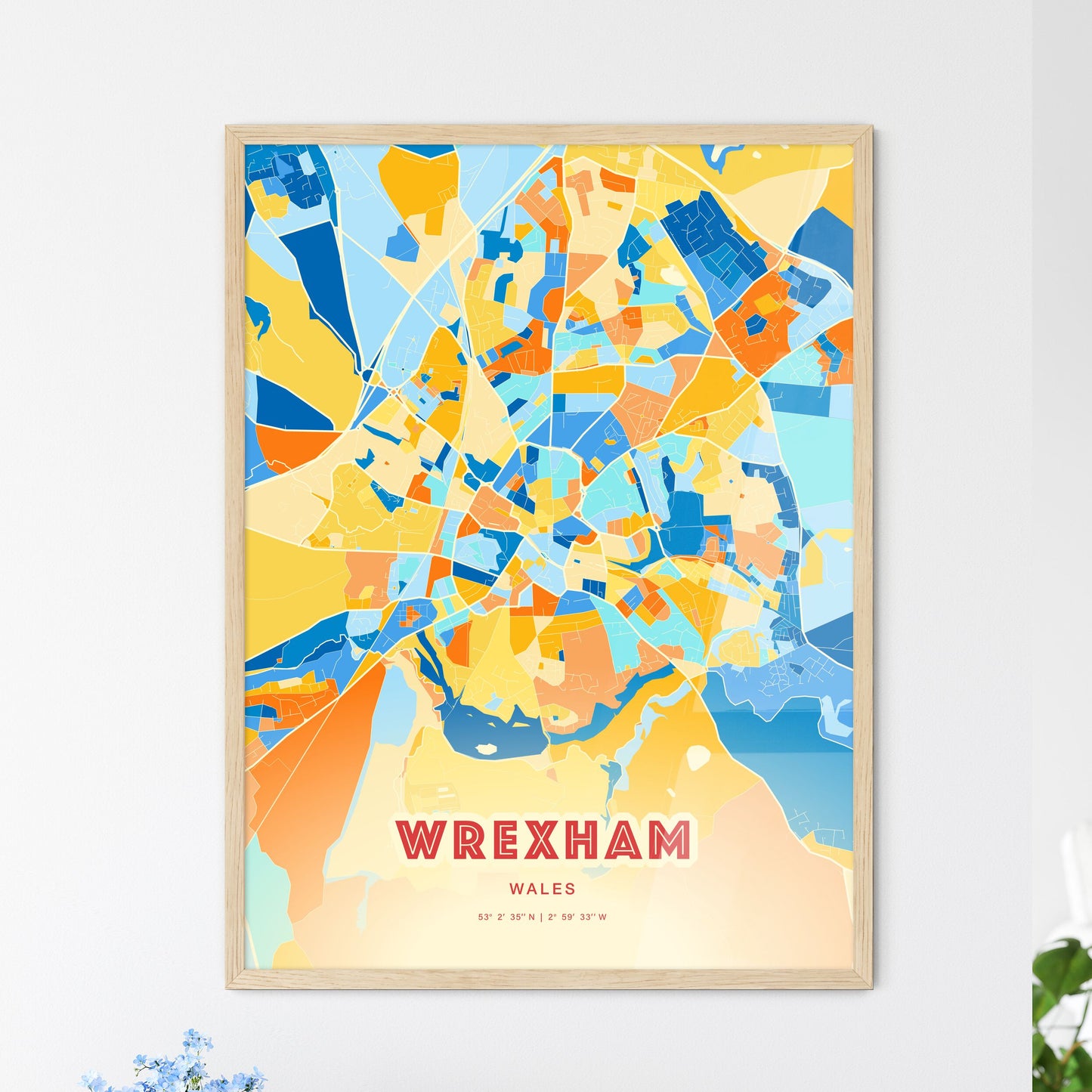 Colorful WREXHAM WALES Fine Art Map Blue Orange