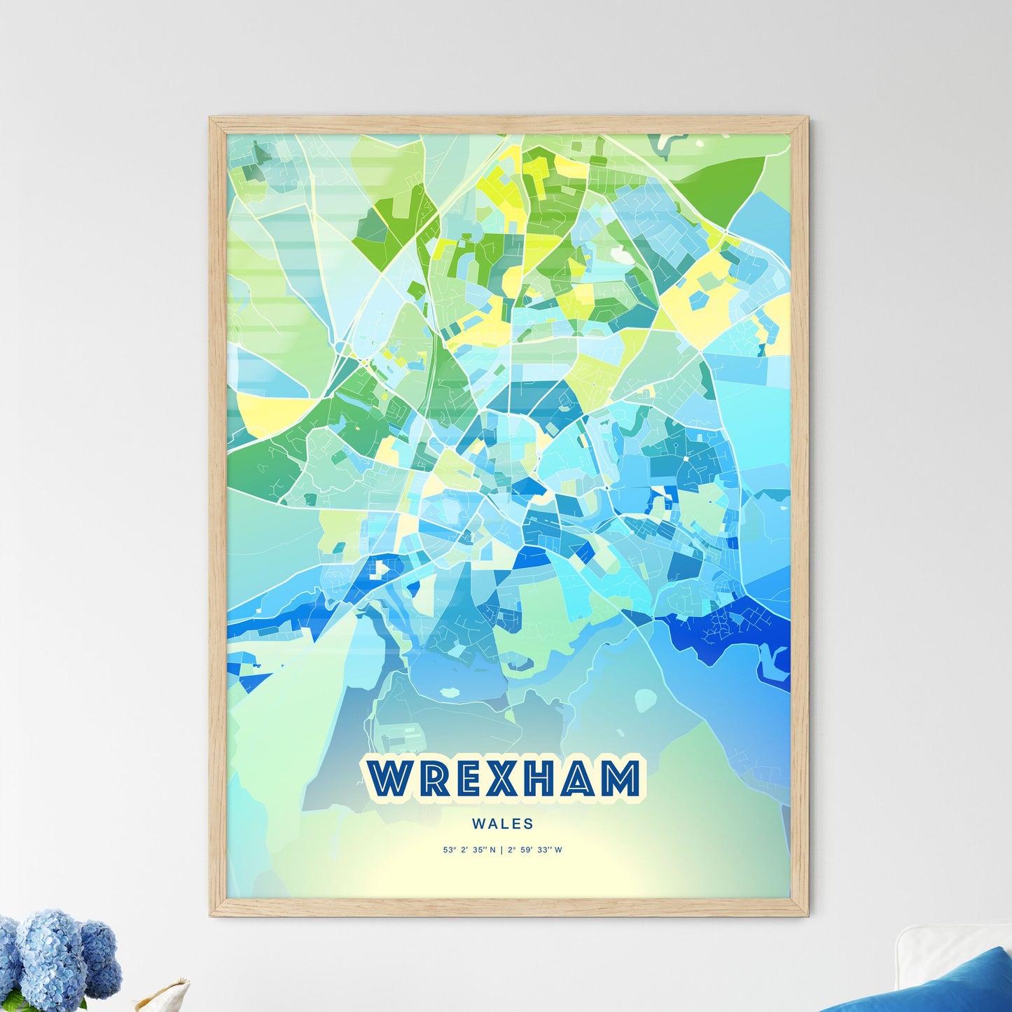 Colorful WREXHAM WALES Fine Art Map Cool Blue