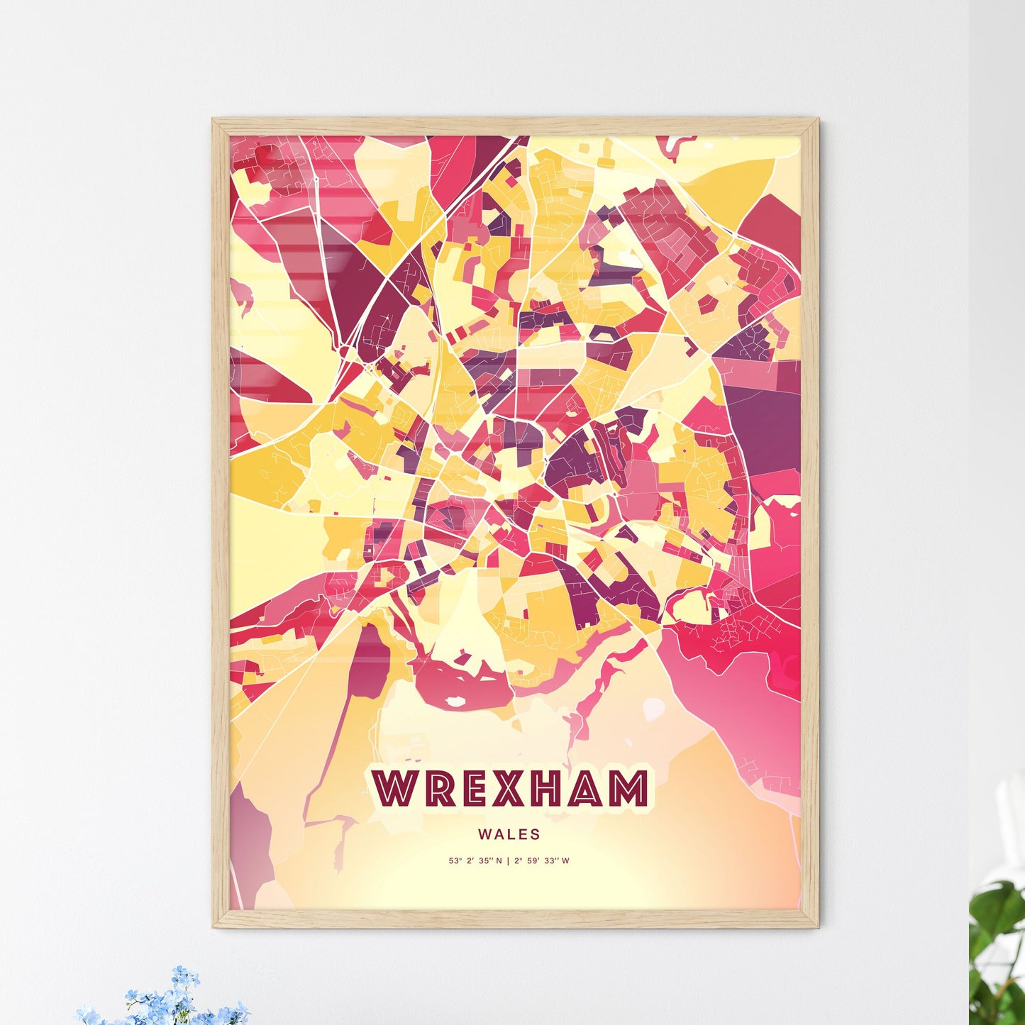 Colorful WREXHAM WALES Fine Art Map Hot Red