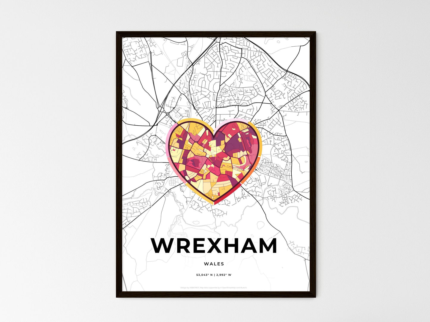 Wrexham Wales wedding art map with heart icon