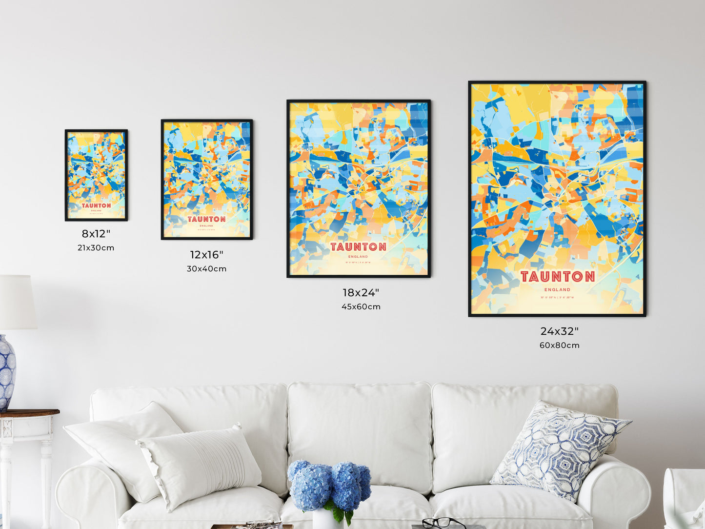 Colorful TAUNTON ENGLAND Fine Art Map Blue Orange