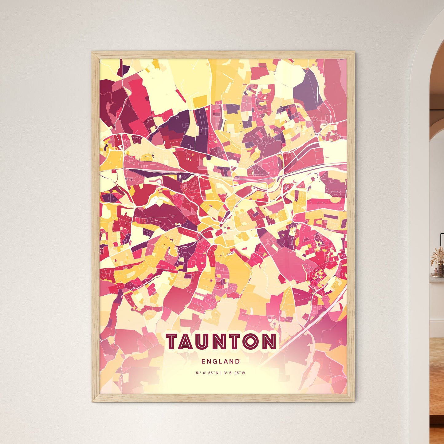 Colorful TAUNTON ENGLAND Fine Art Map Hot Red