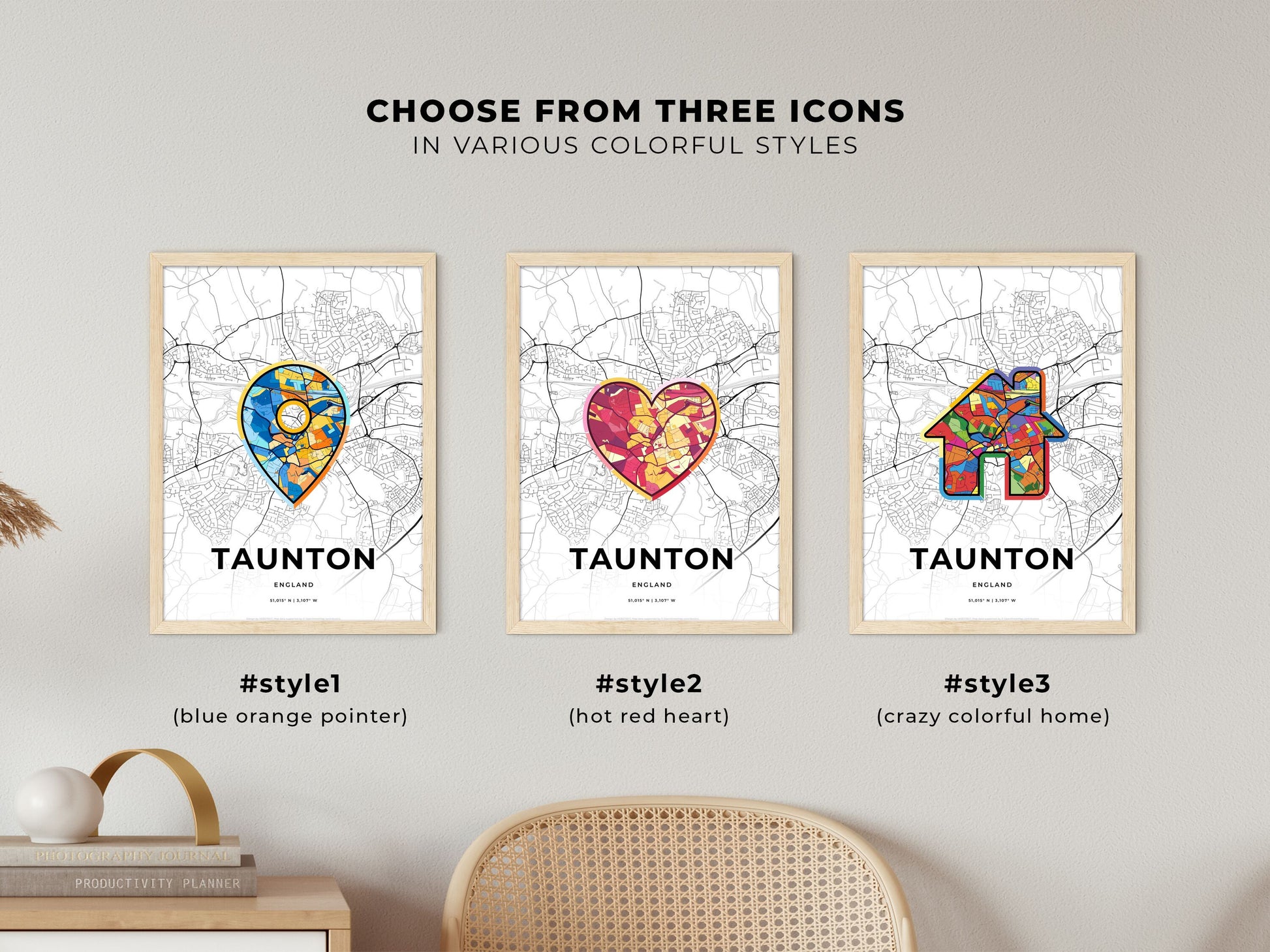 Taunton England maps with colorful icons