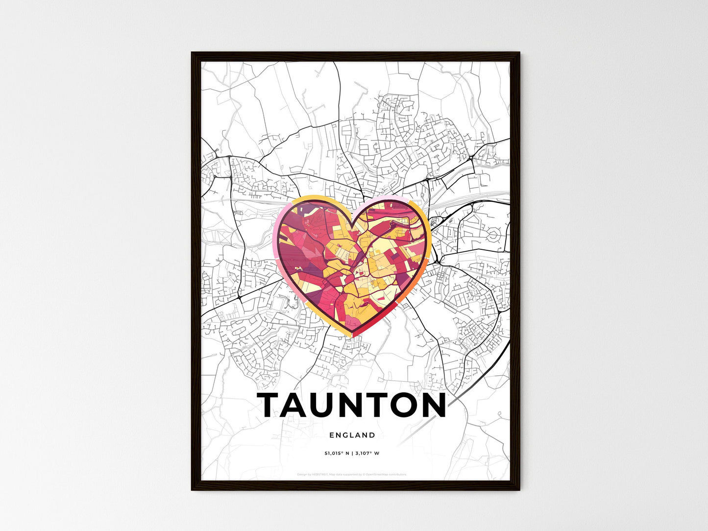 Taunton England wedding art map with heart icon