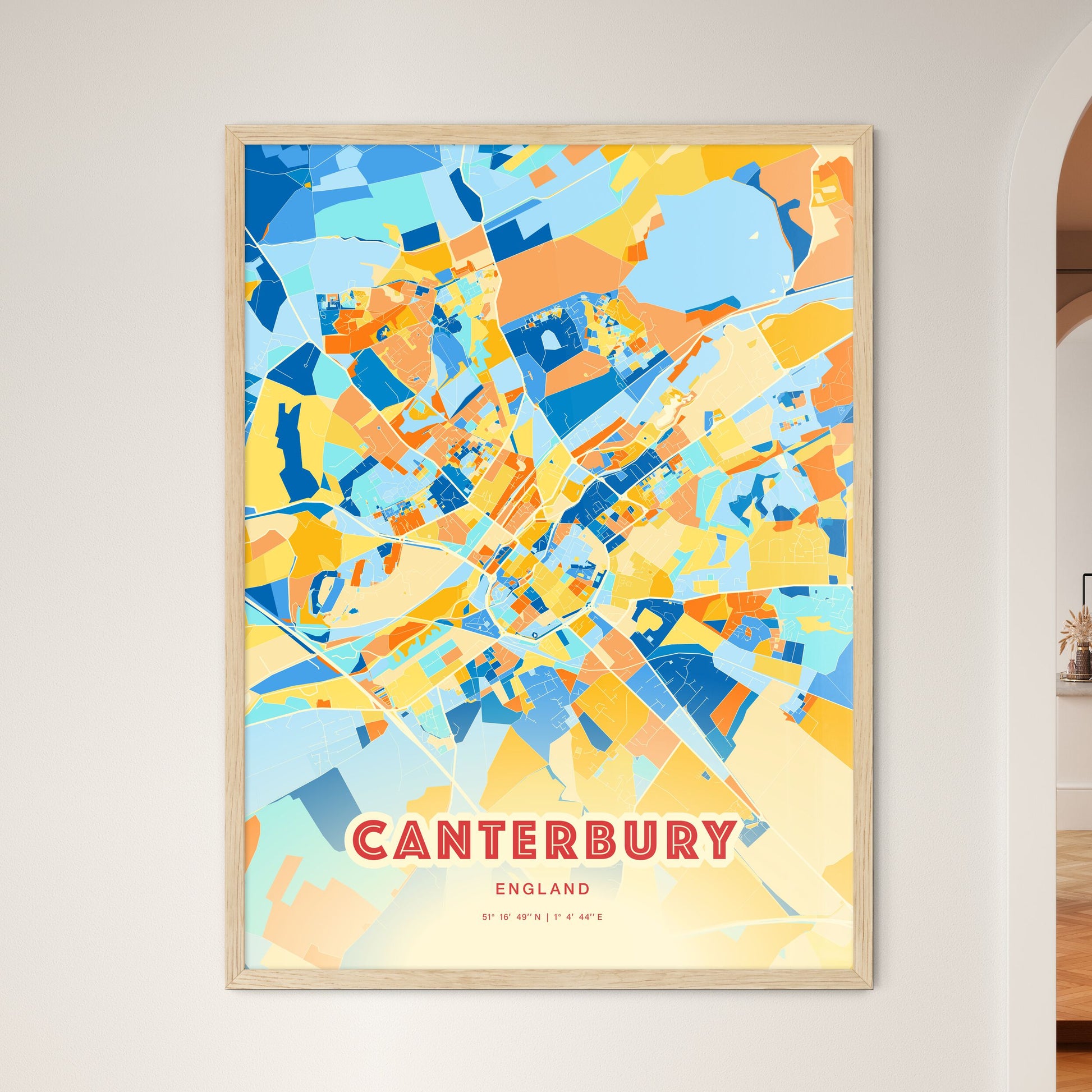 Colorful Canterbury England Fine Art Map Blue Orange