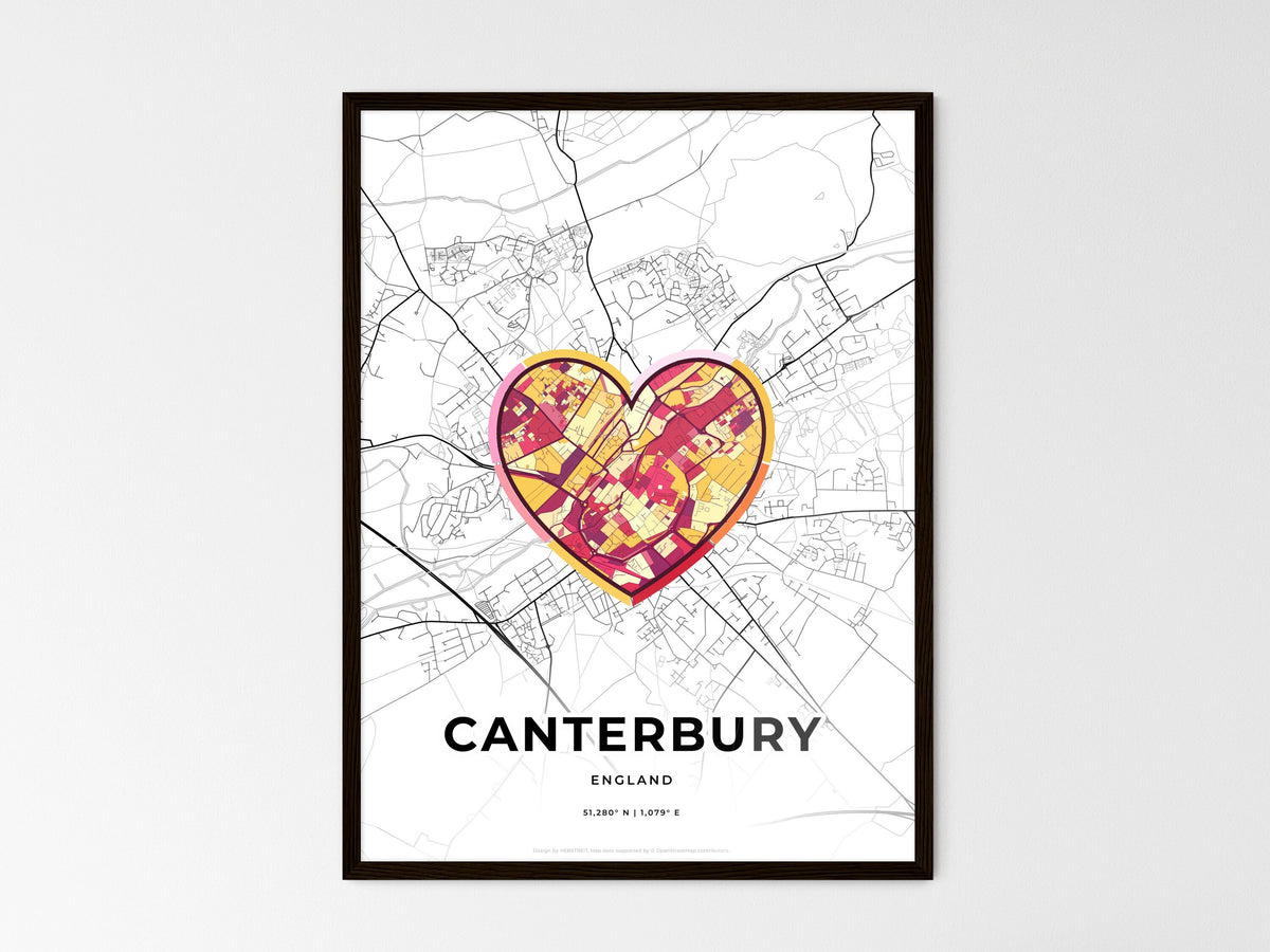 Canterbury England wedding art map with heart icon