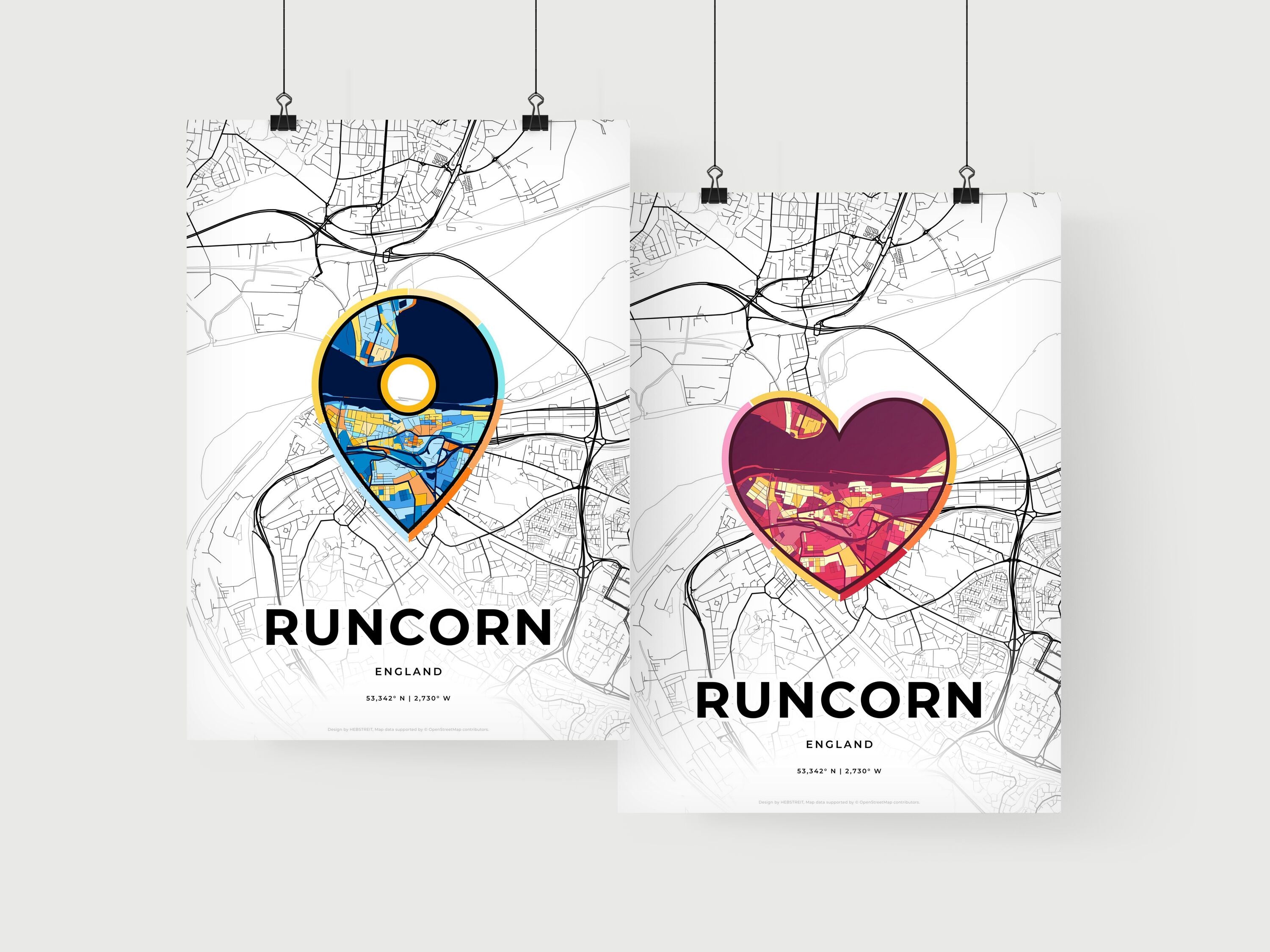 RUNCORN ENGLAND minimal art map with a colorful icon. Creative city map ...
