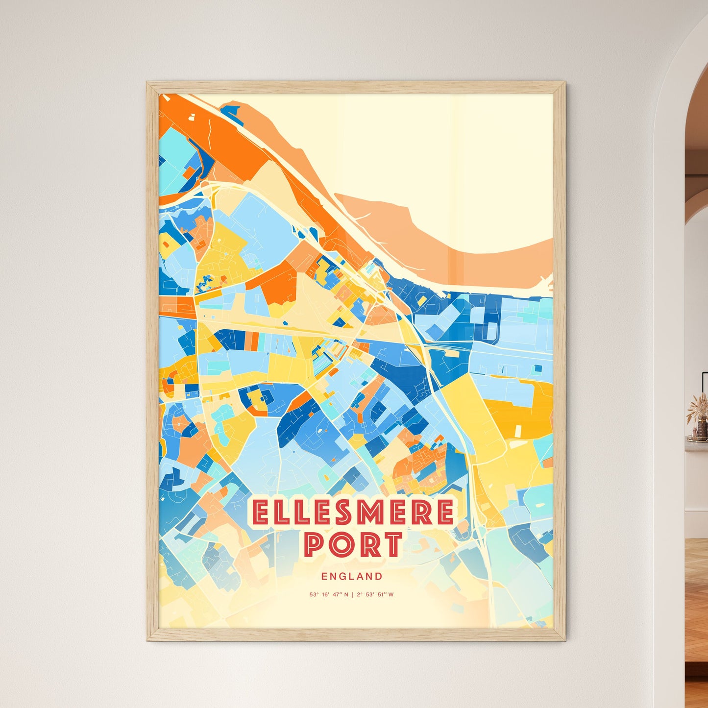 Colorful Ellesmere Port England Fine Art Map Blue Orange