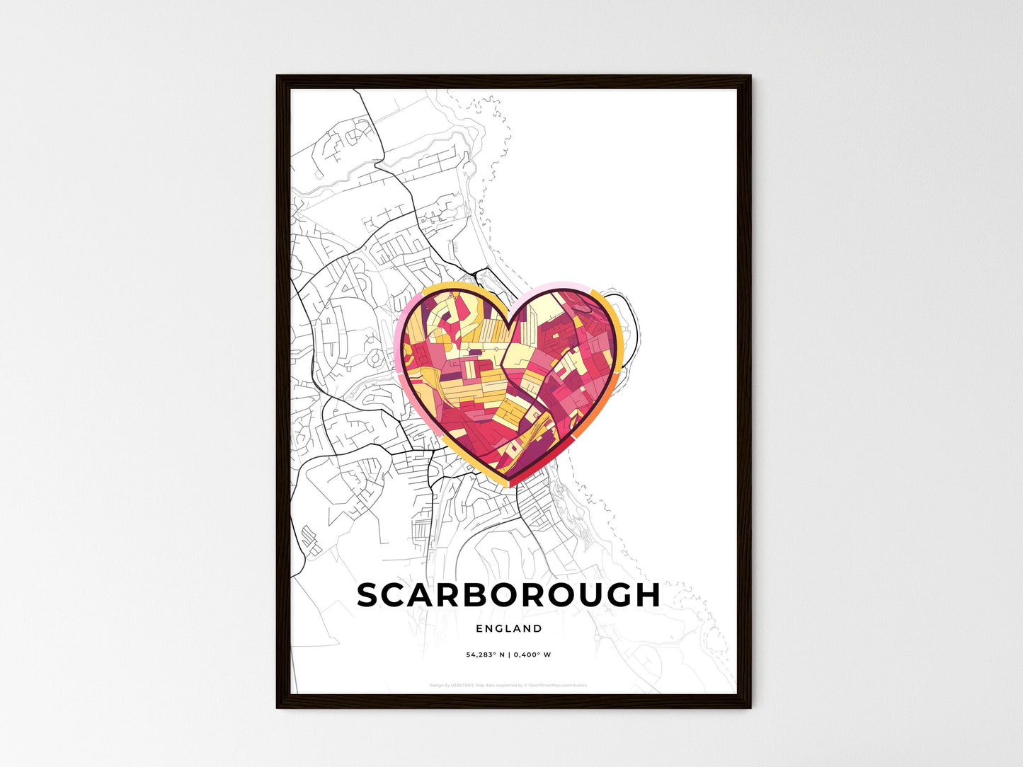 Scarborough England wedding art map with heart icon
