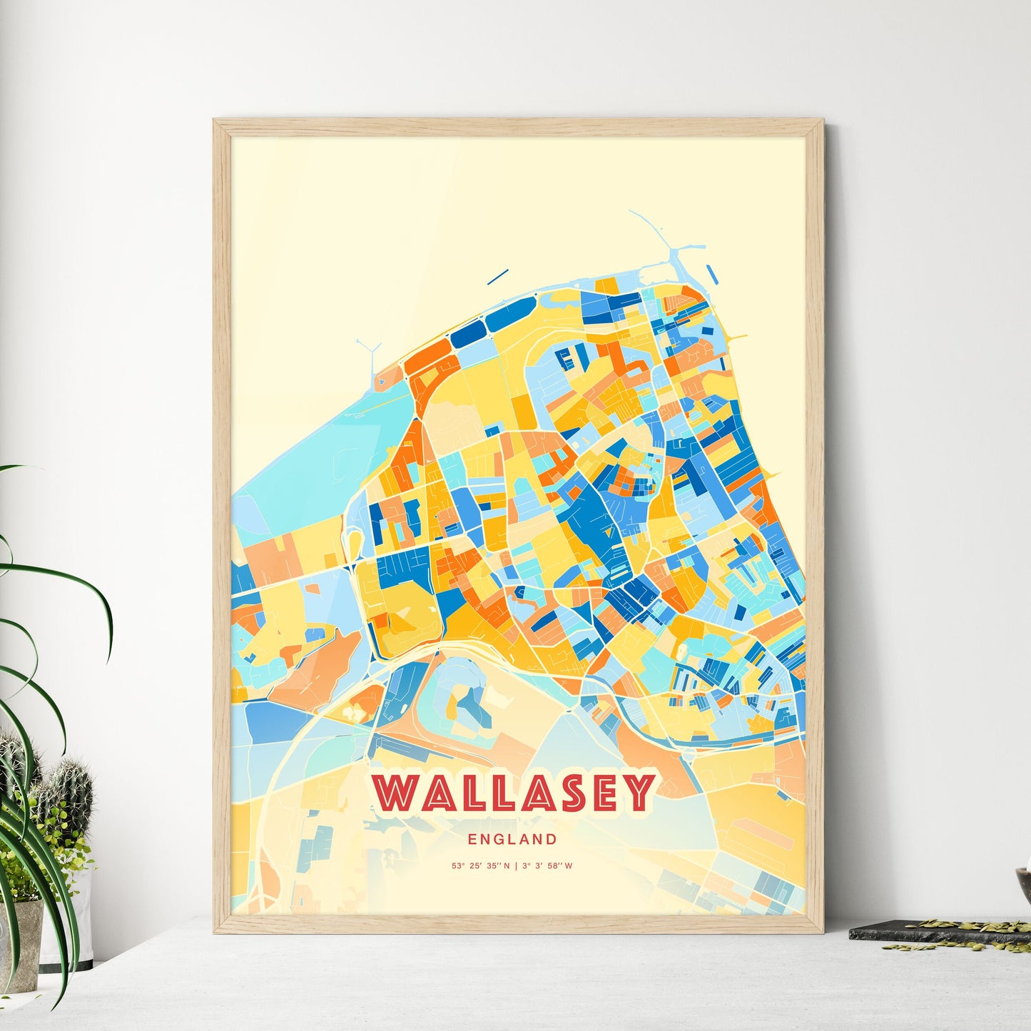 Colorful Wallasey England Fine Art Map Blue Orange
