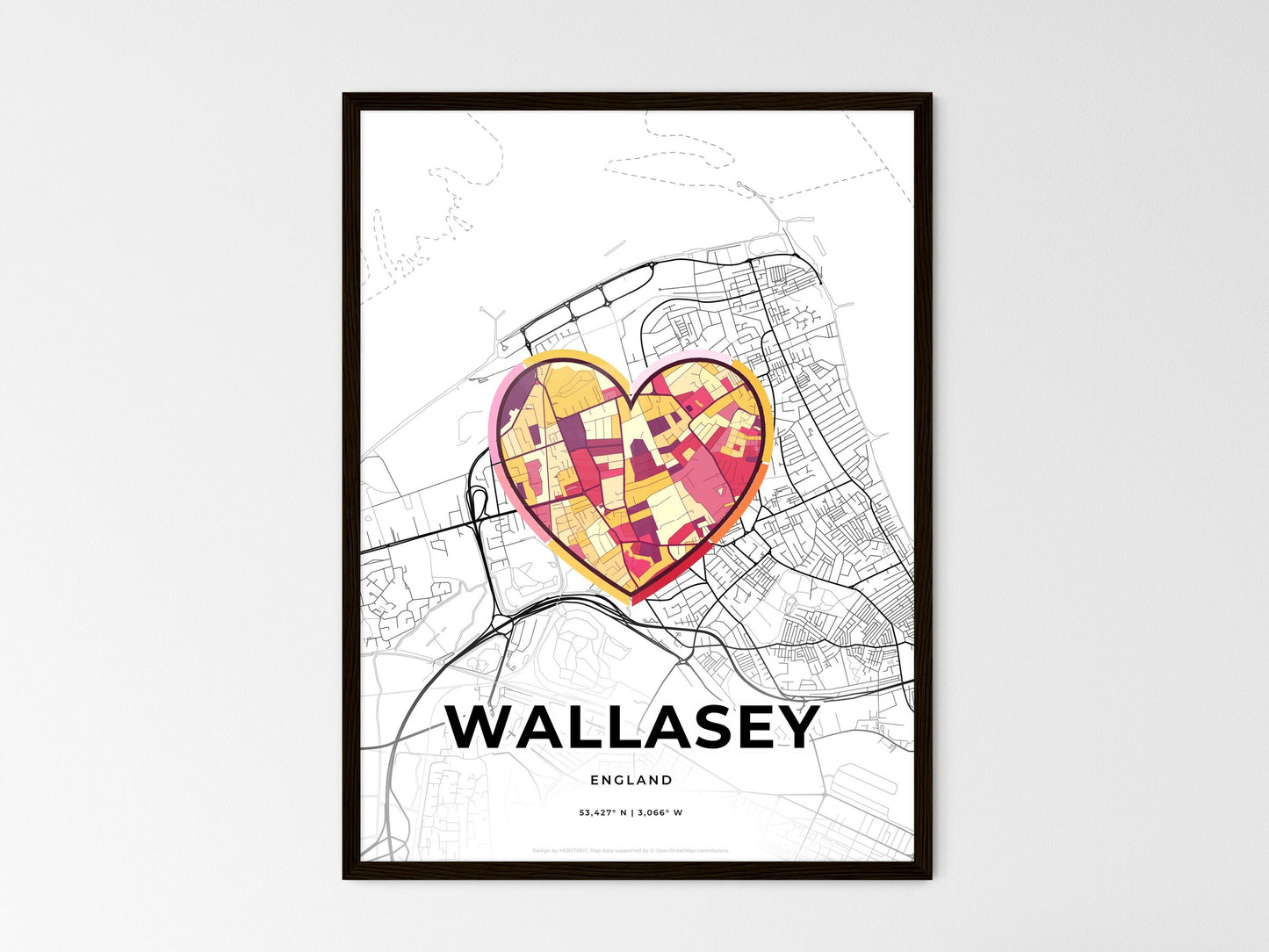 Wallasey England wedding art map with heart icon