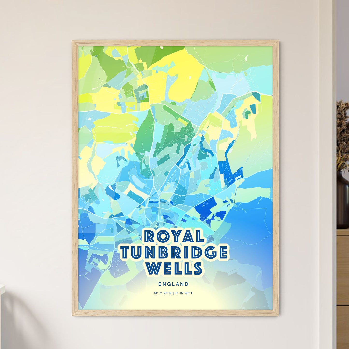 Colorful ROYAL TUNBRIDGE WELLS ENGLAND Fine Art Map Cool Blue