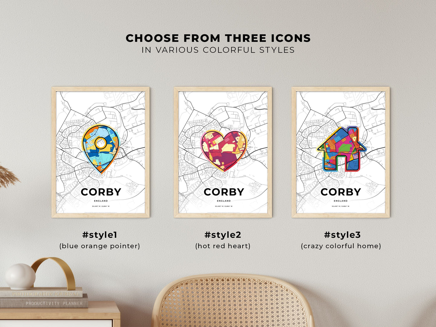 Corby England maps with colorful icons