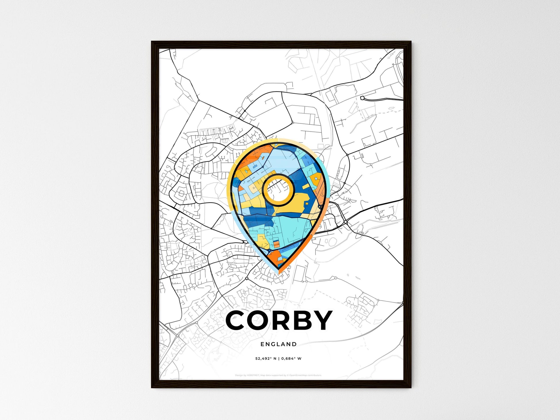 Corby England wedding art map with pointer icon