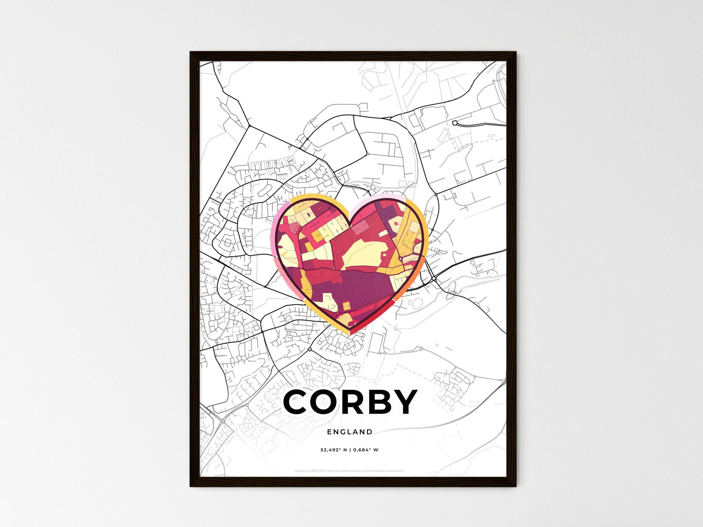 Corby England wedding art map with heart icon