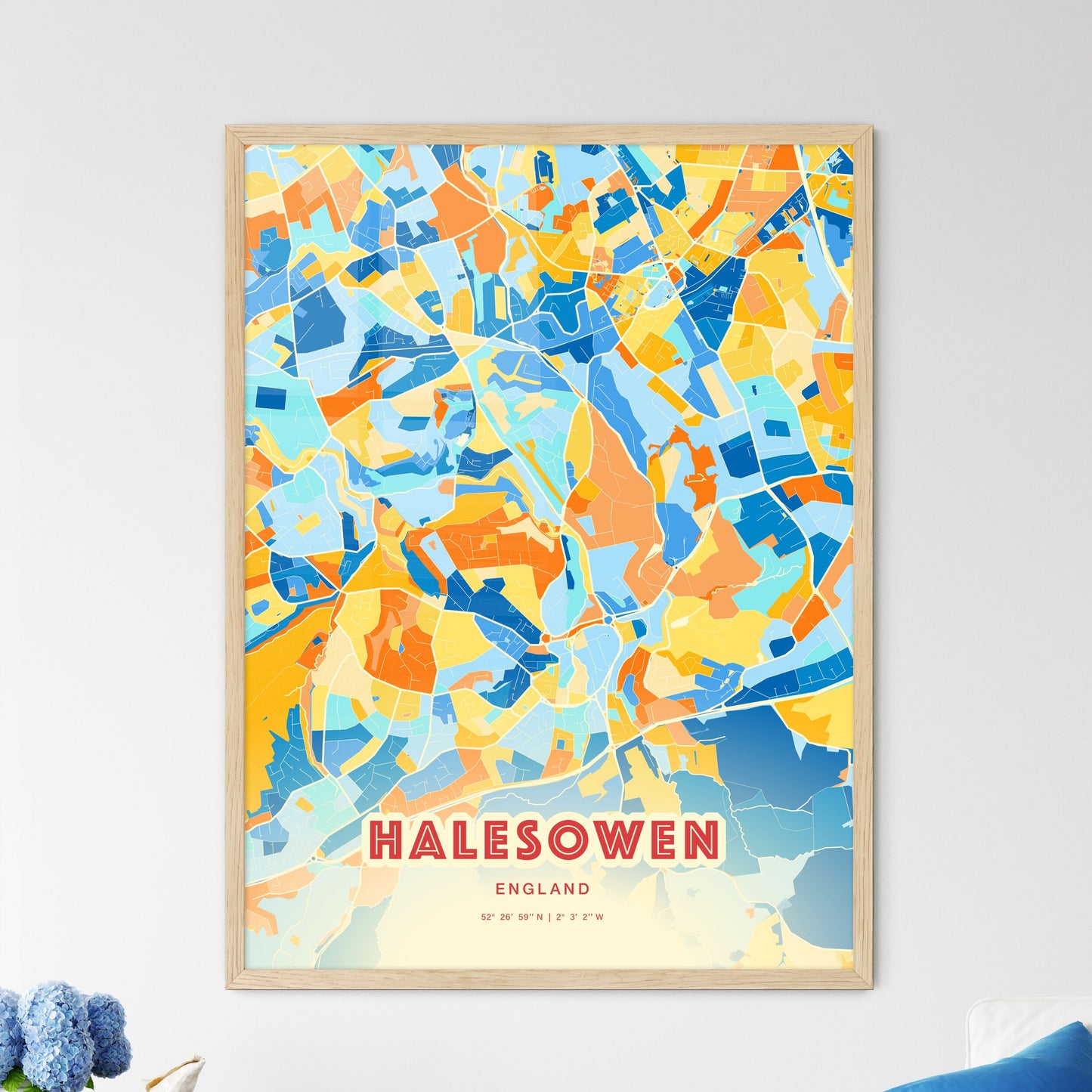 Colorful Halesowen England Fine Art Map Blue Orange