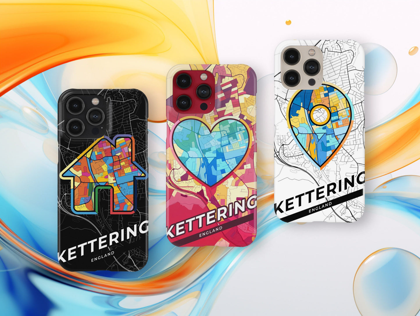Kettering England slim phone case with colorful icon. Birthday, wedding or housewarming gift. Couple match cases.