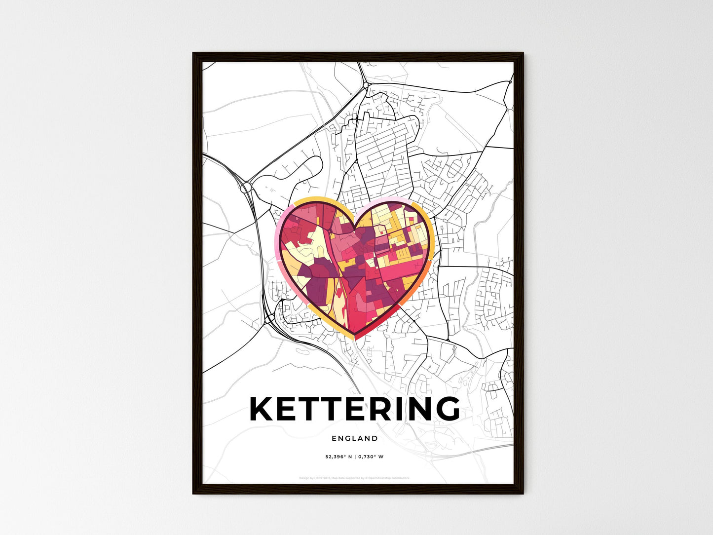 Kettering England wedding art map with heart icon