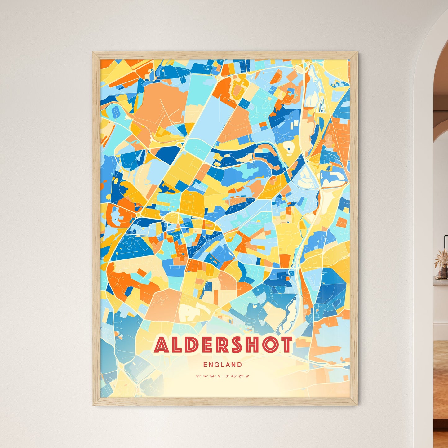 Colorful Aldershot England Fine Art Map Blue Orange