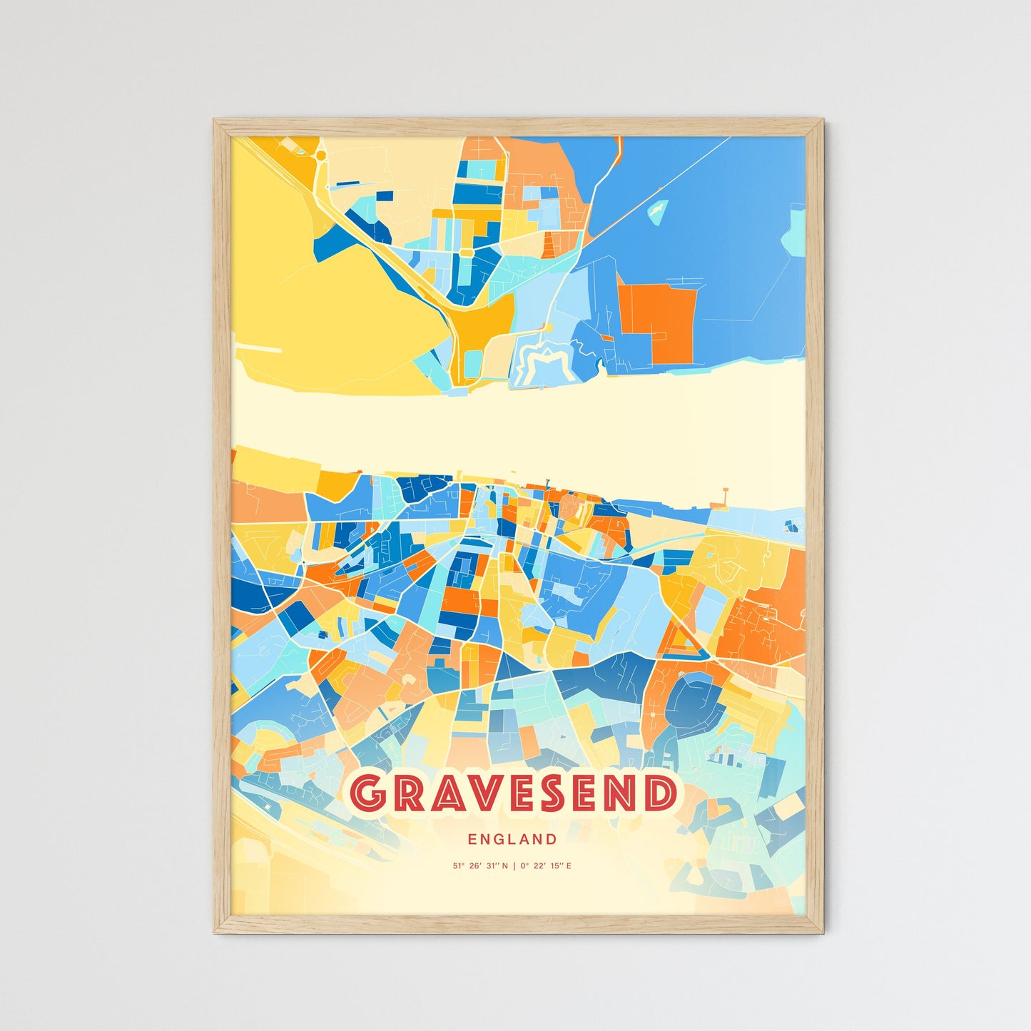 Colorful GRAVESEND ENGLAND Fine Art Map Blue Orange