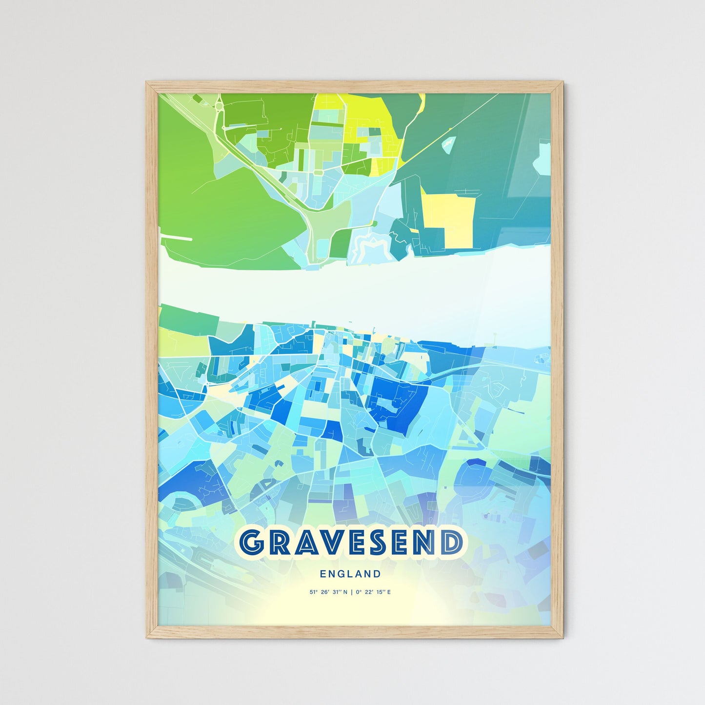 Colorful GRAVESEND ENGLAND Fine Art Map Cool Blue