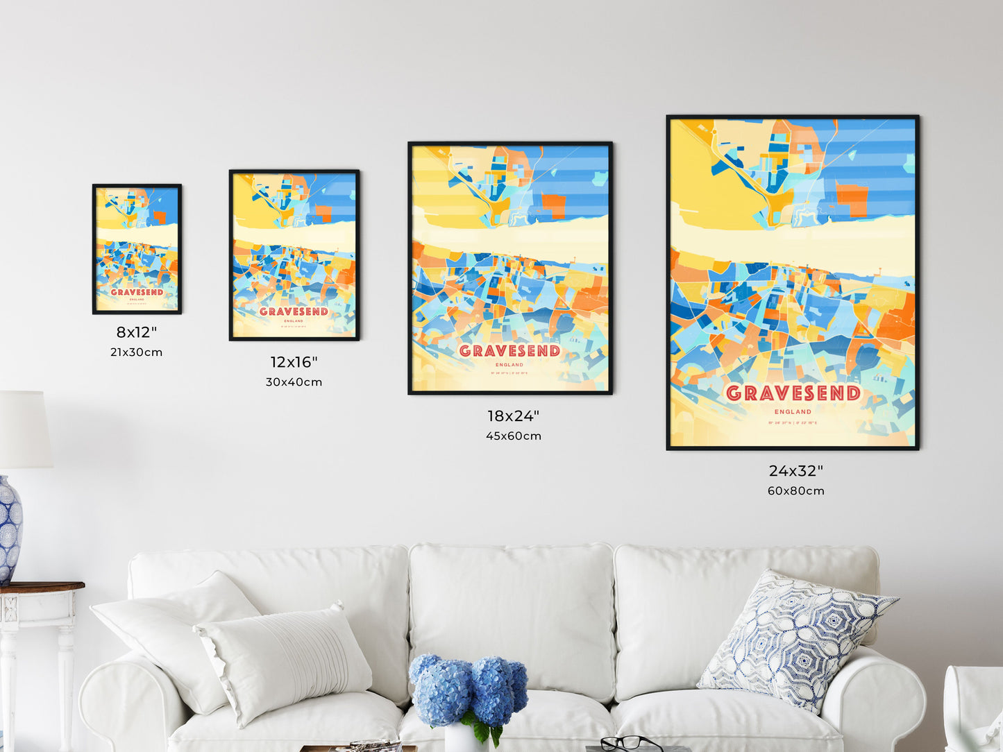 Colorful GRAVESEND ENGLAND Fine Art Map Blue Orange