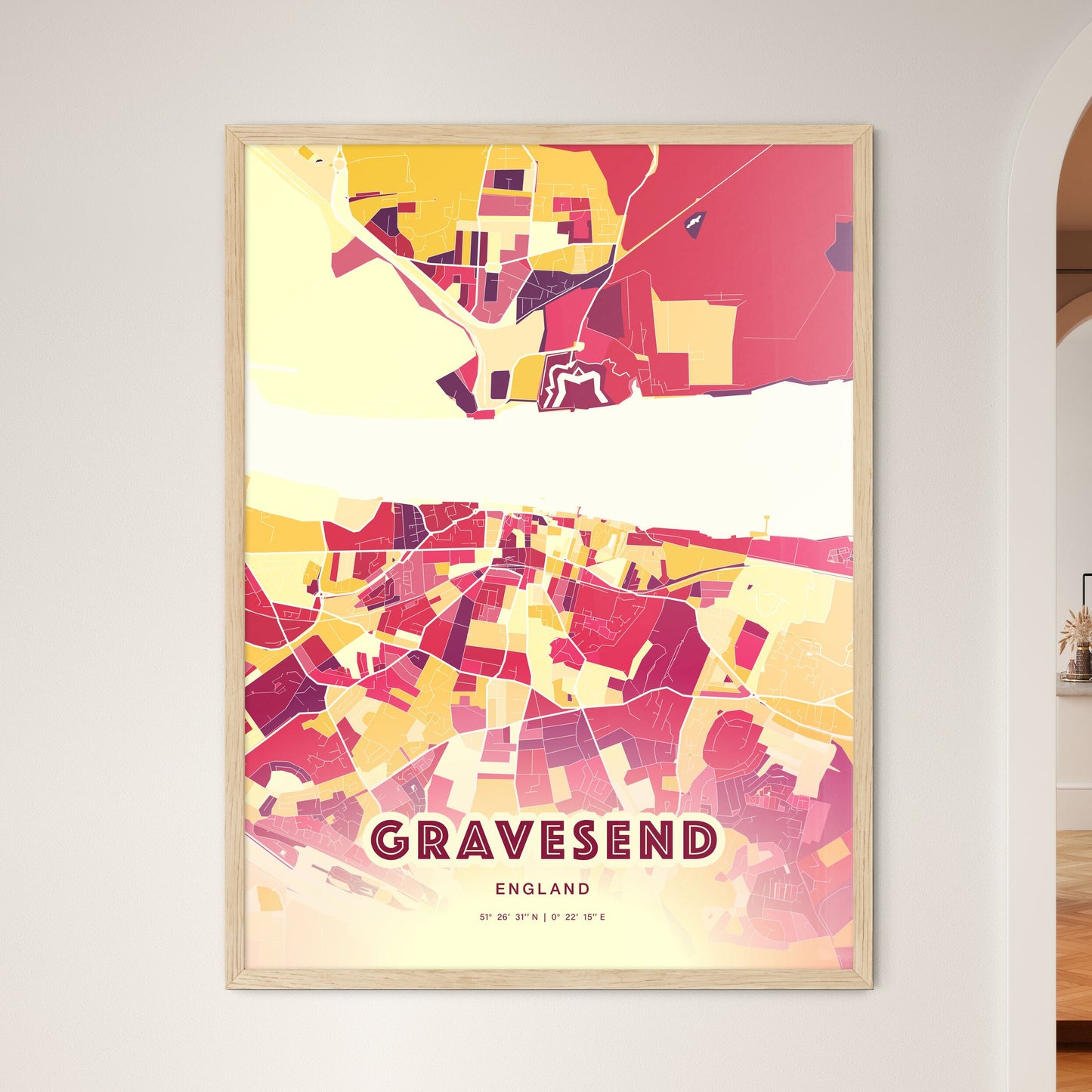 Colorful GRAVESEND ENGLAND Fine Art Map Hot Red