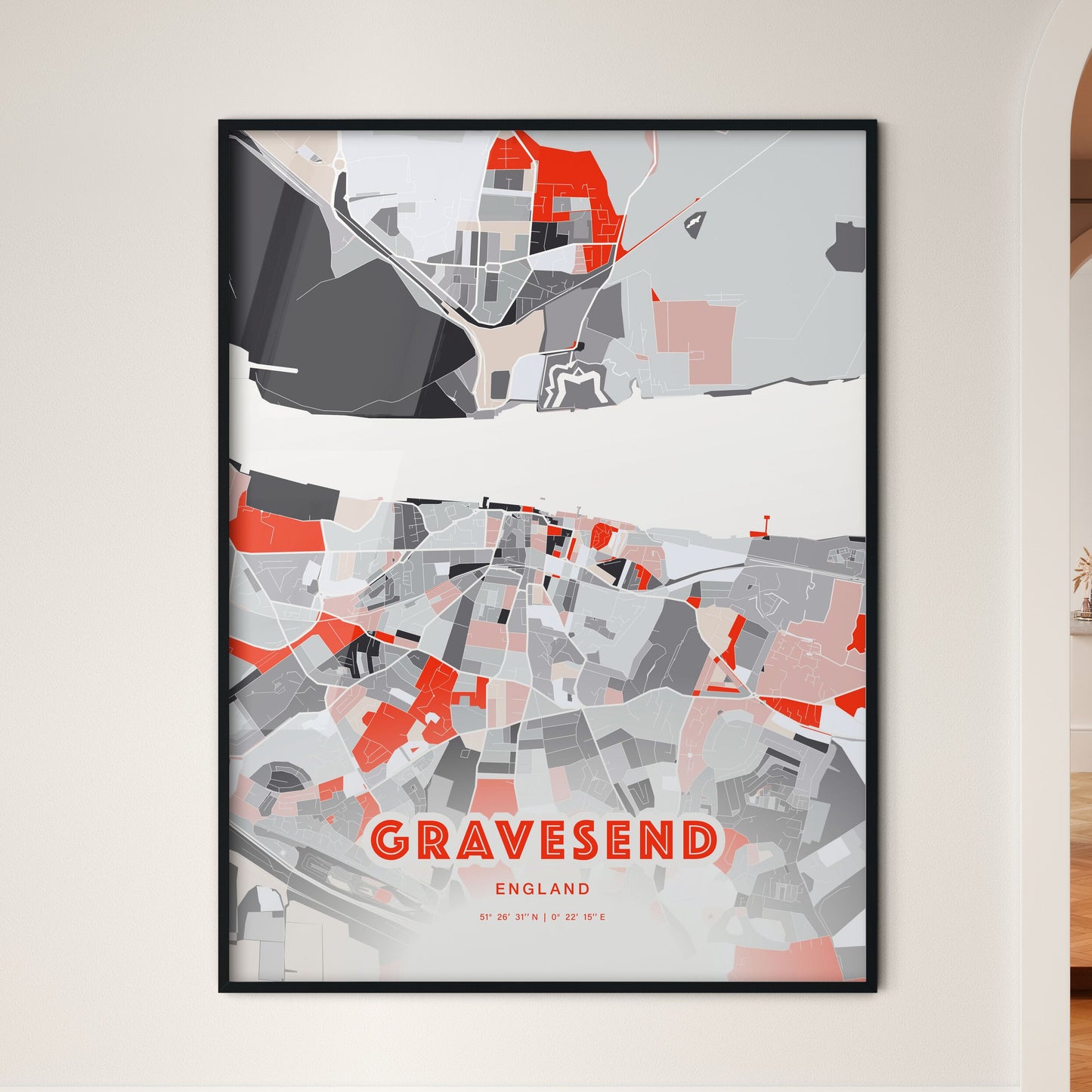 Colorful GRAVESEND ENGLAND Fine Art Map Modern