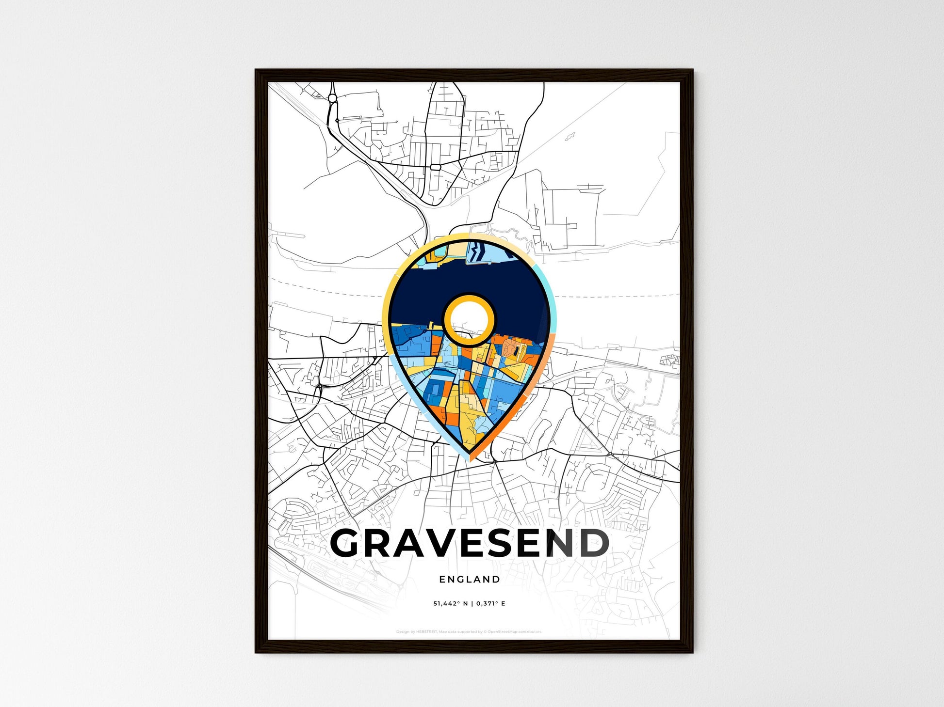 Gravesend England wedding art map with pointer icon