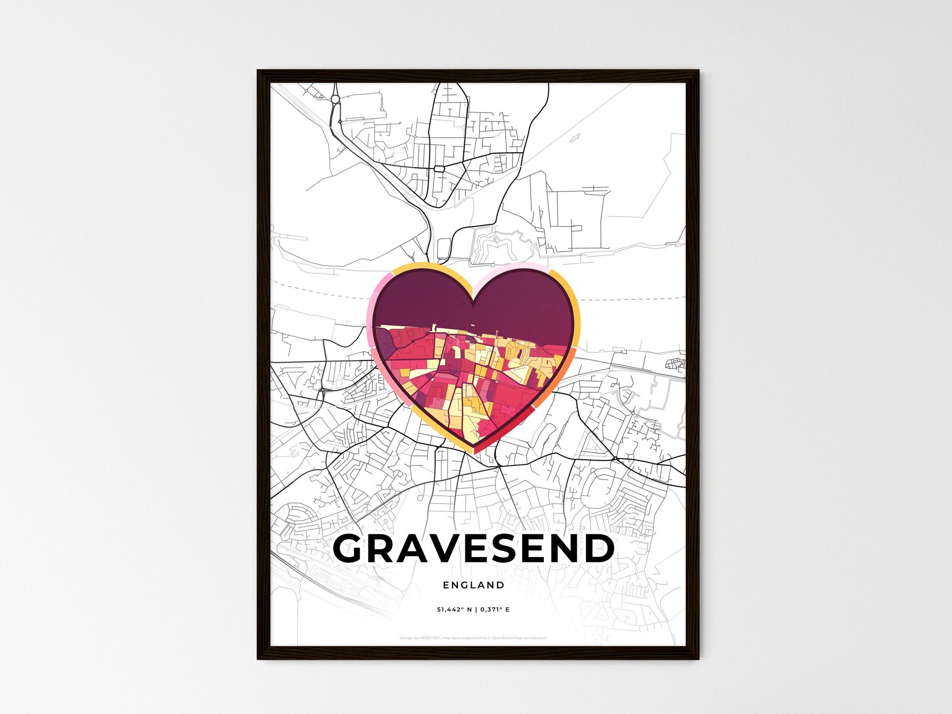 Gravesend England wedding art map with heart icon
