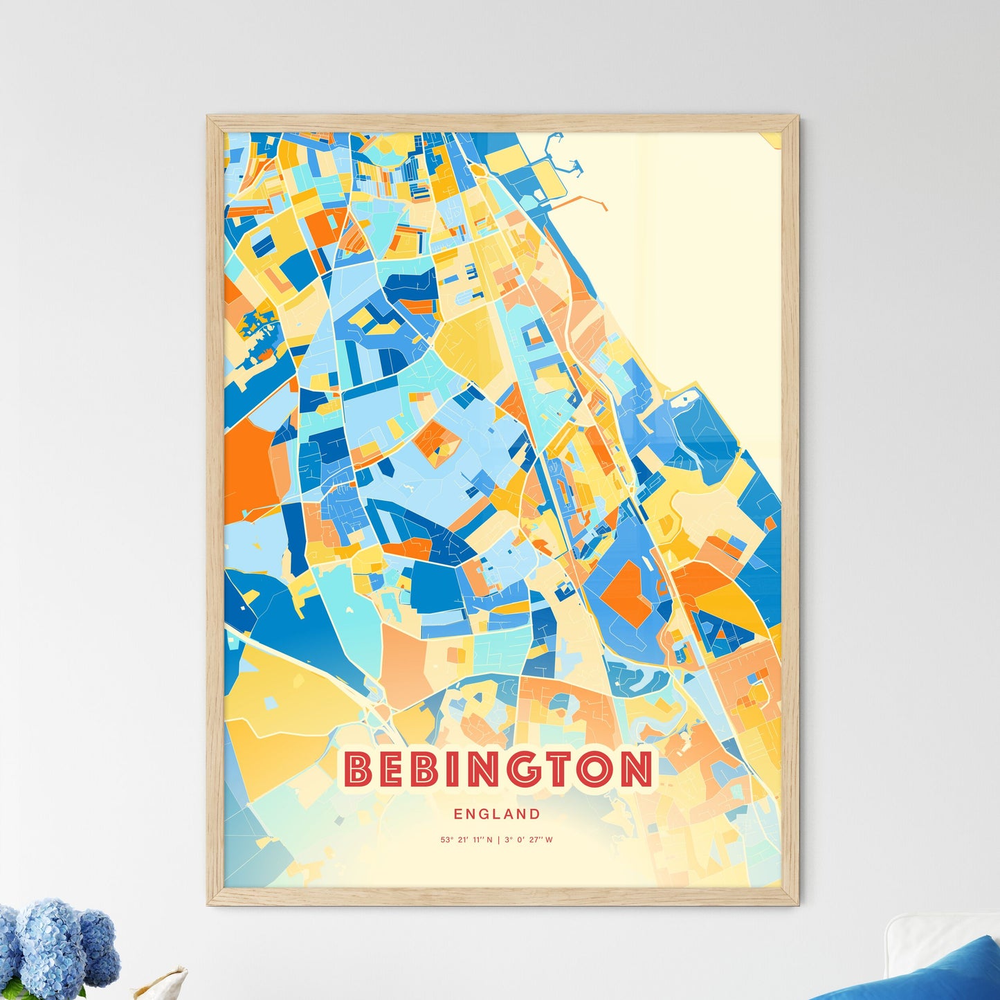 Colorful Bebington England Fine Art Map Blue Orange