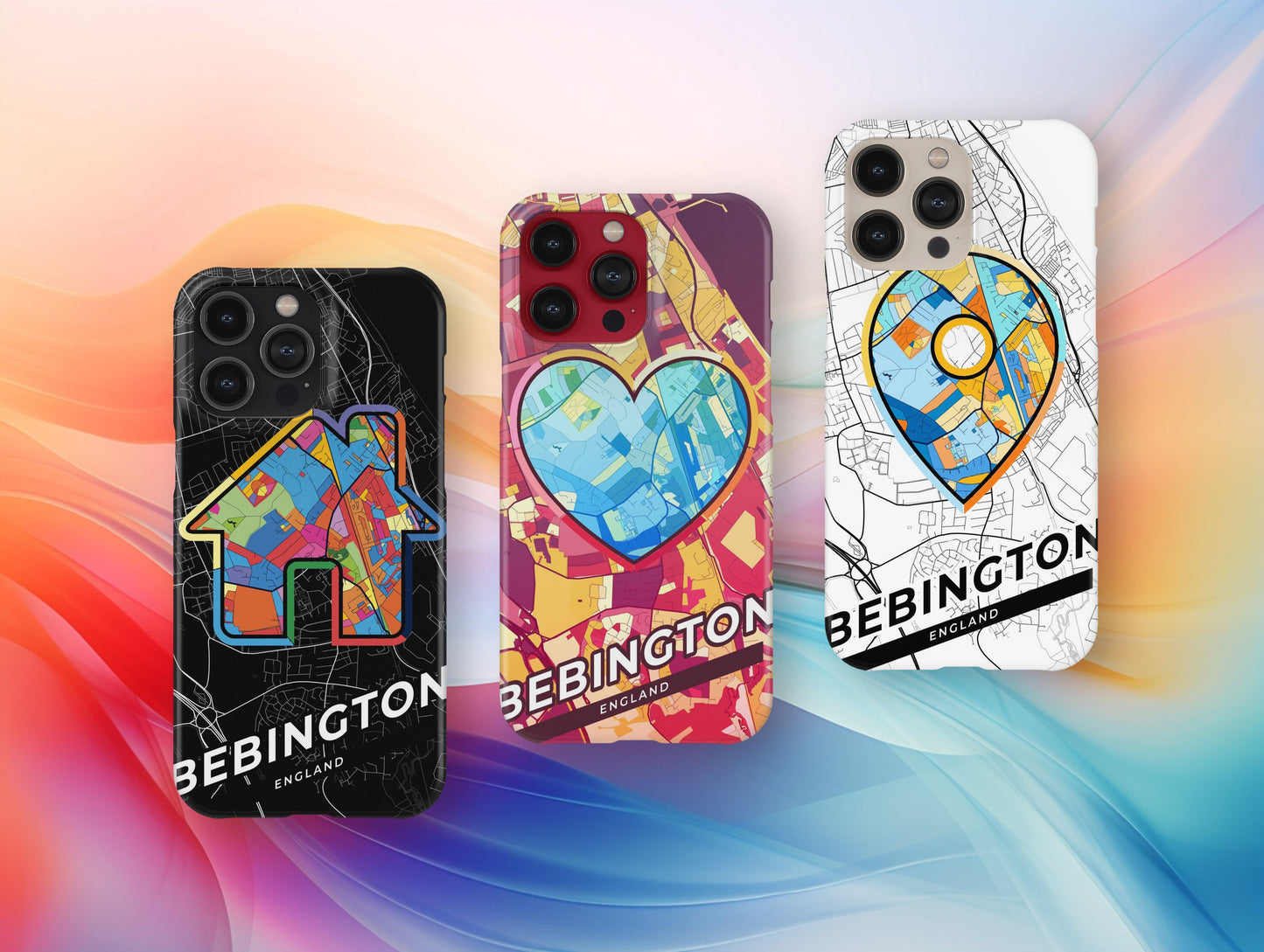 Bebington England slim phone case with colorful icon. Birthday, wedding or housewarming gift. Couple match cases.