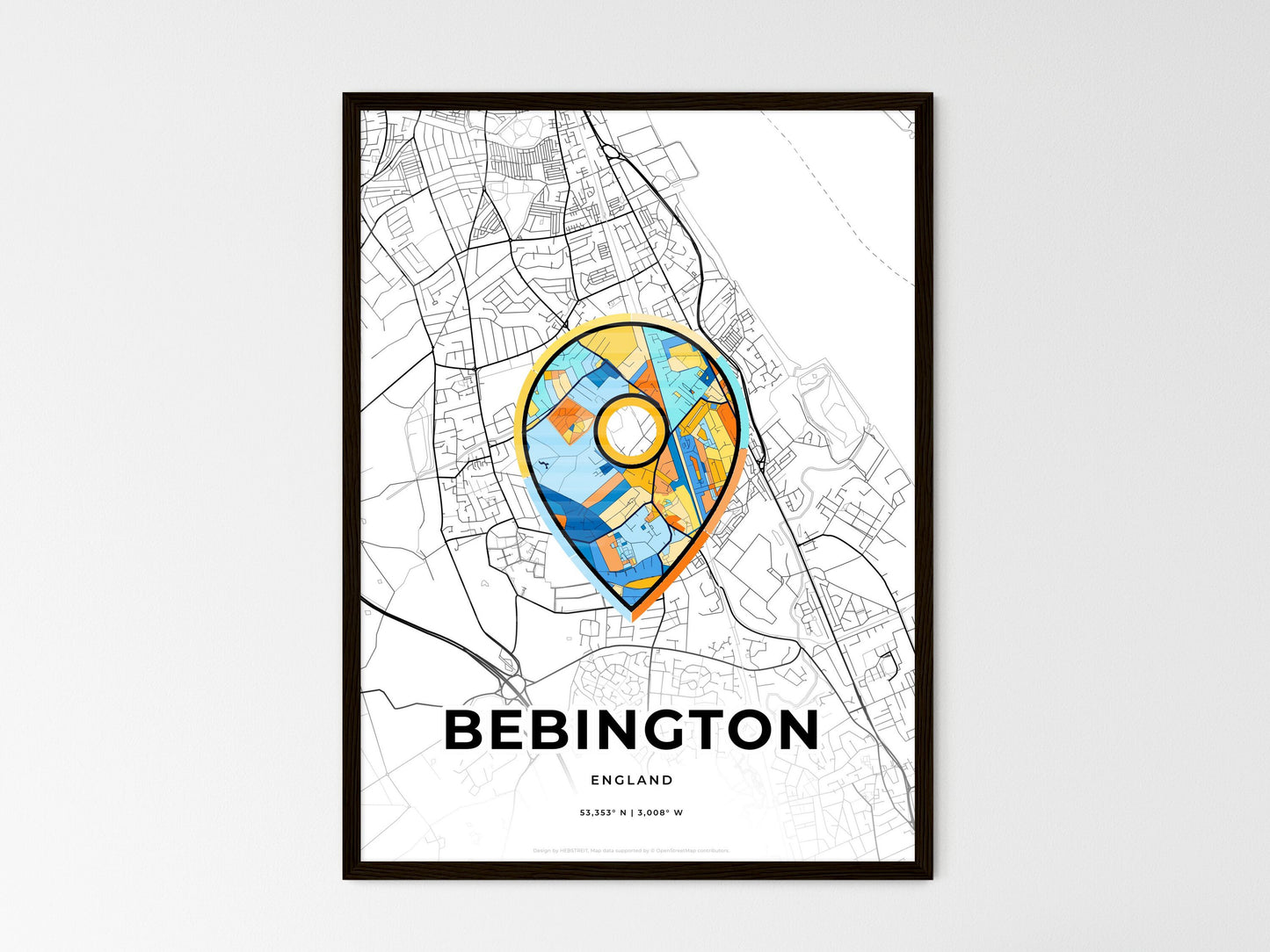 Bebington England wedding art map with pointer icon