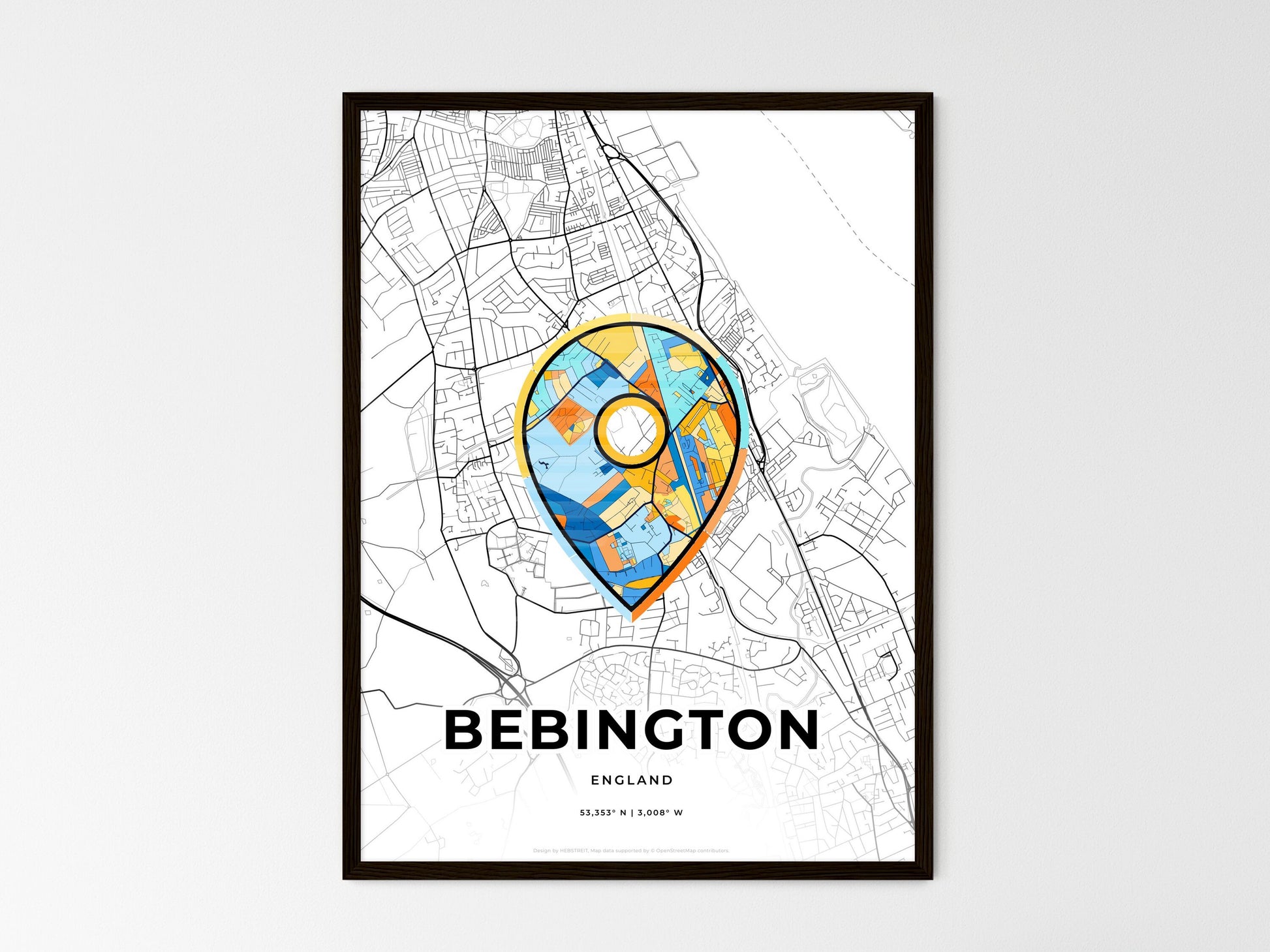 Bebington England wedding art map with pointer icon