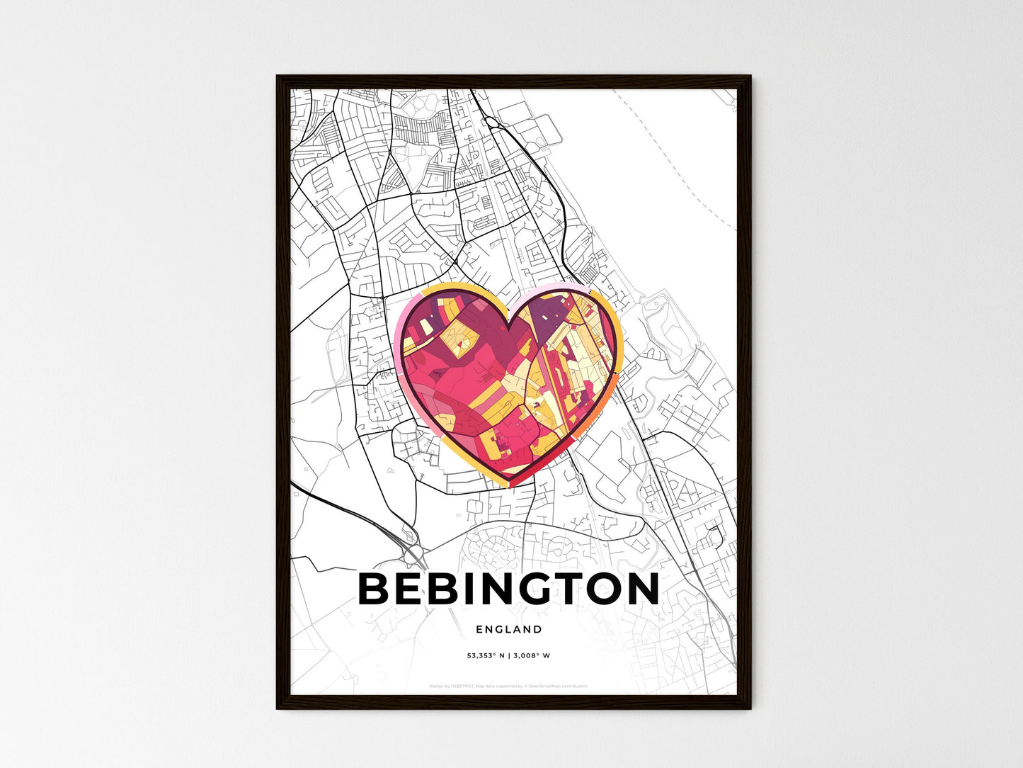 Bebington England wedding art map with heart icon