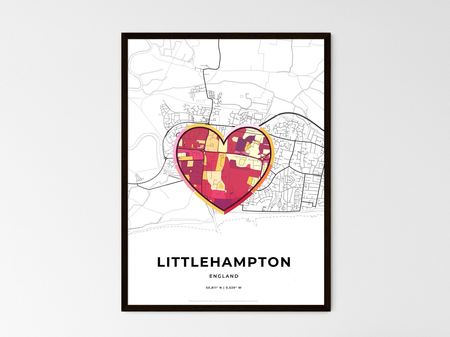 Littlehampton England wedding art map with heart icon