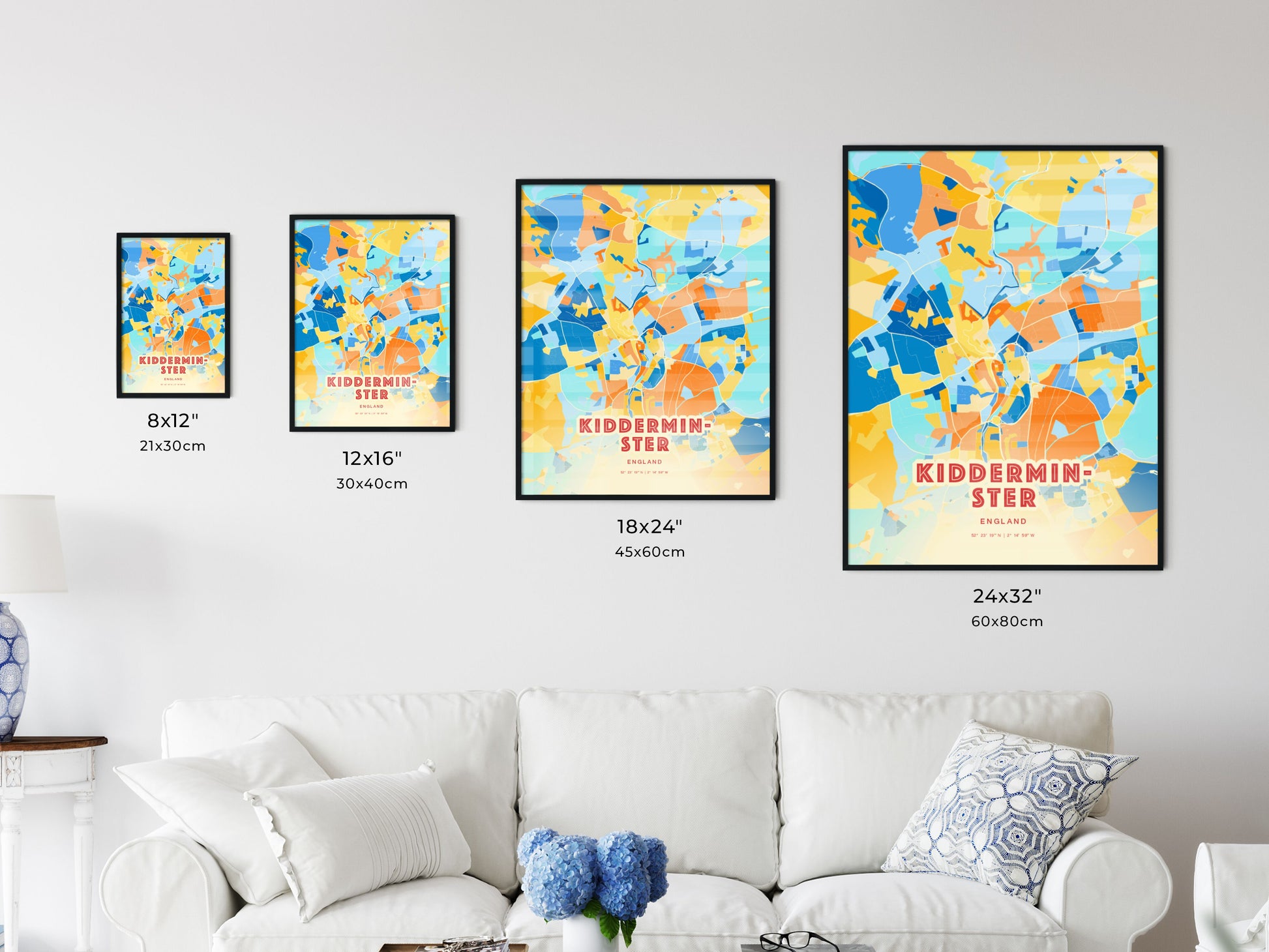 Colorful KIDDERMINSTER ENGLAND Fine Art Map Blue Orange