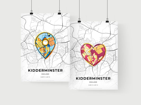 KIDDERMINSTER ENGLAND minimal art map with a colorful icon. Where it all began, Couple map gift.