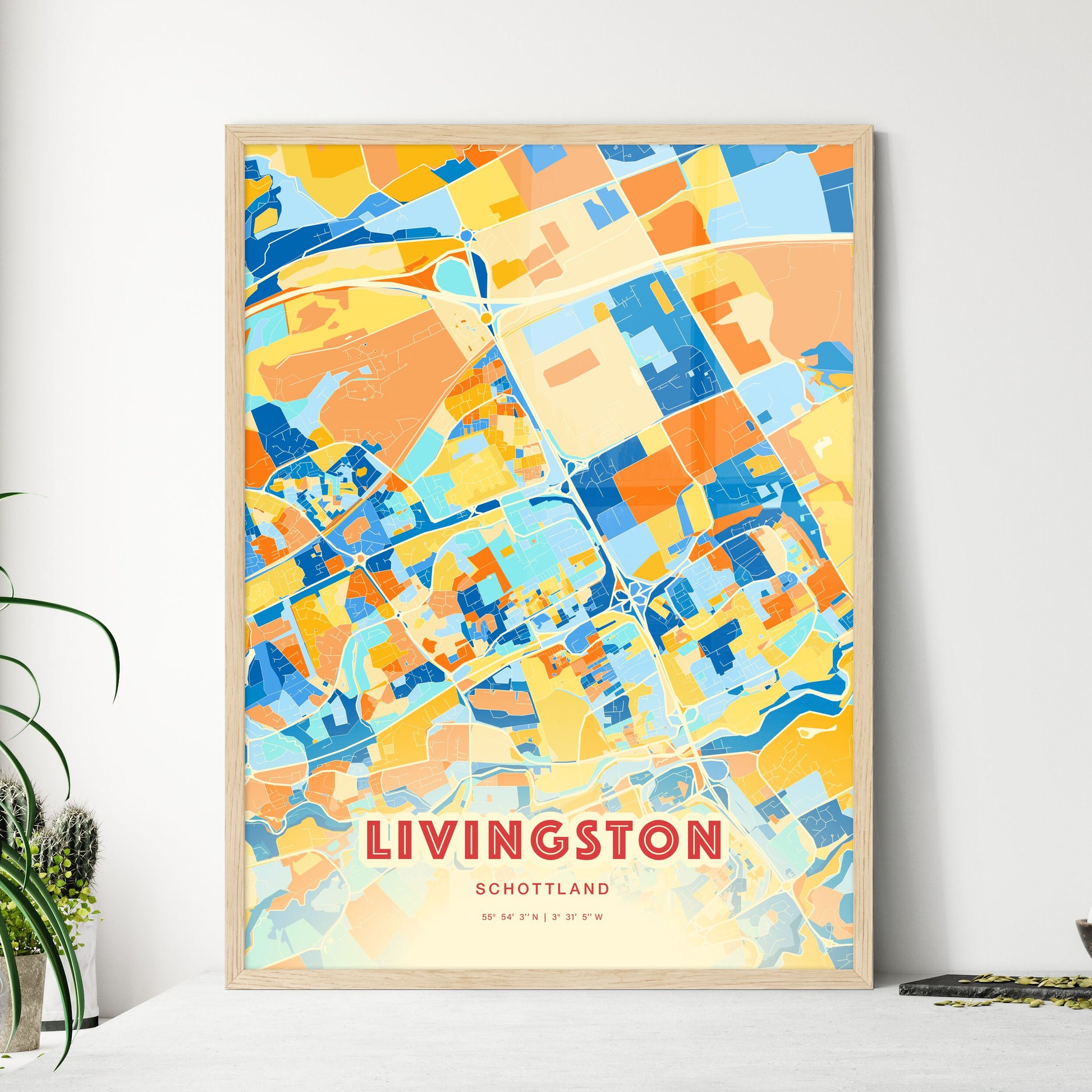 Colorful LIVINGSTON SCOTLAND Fine Art Map Blue Orange