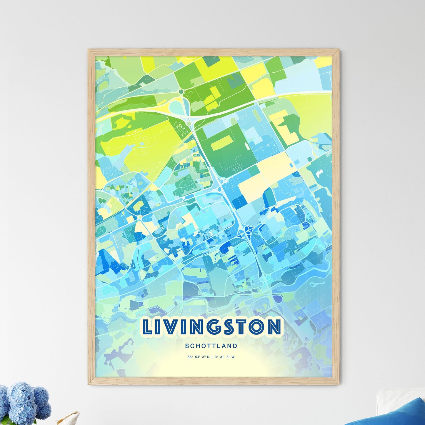 Colorful LIVINGSTON SCOTLAND Fine Art Map Cool Blue