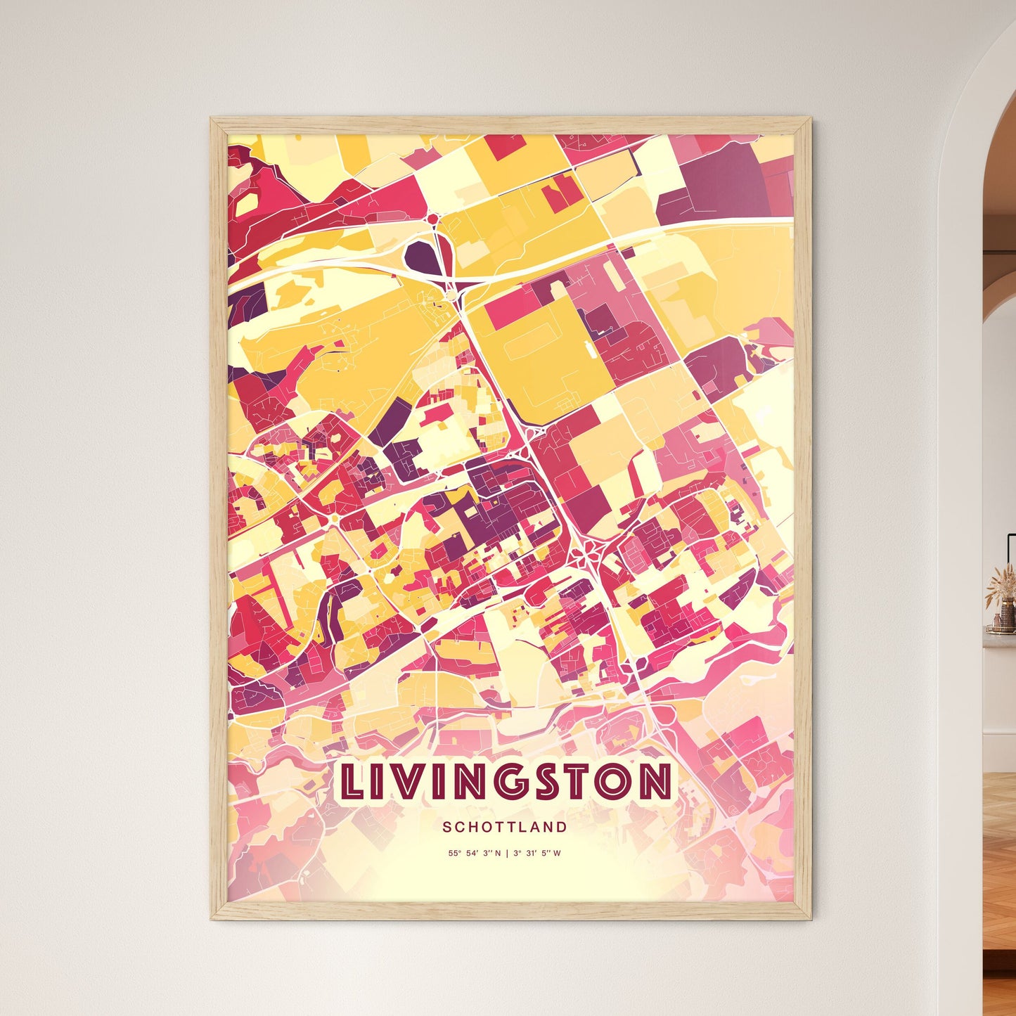 Colorful LIVINGSTON SCOTLAND Fine Art Map Hot Red