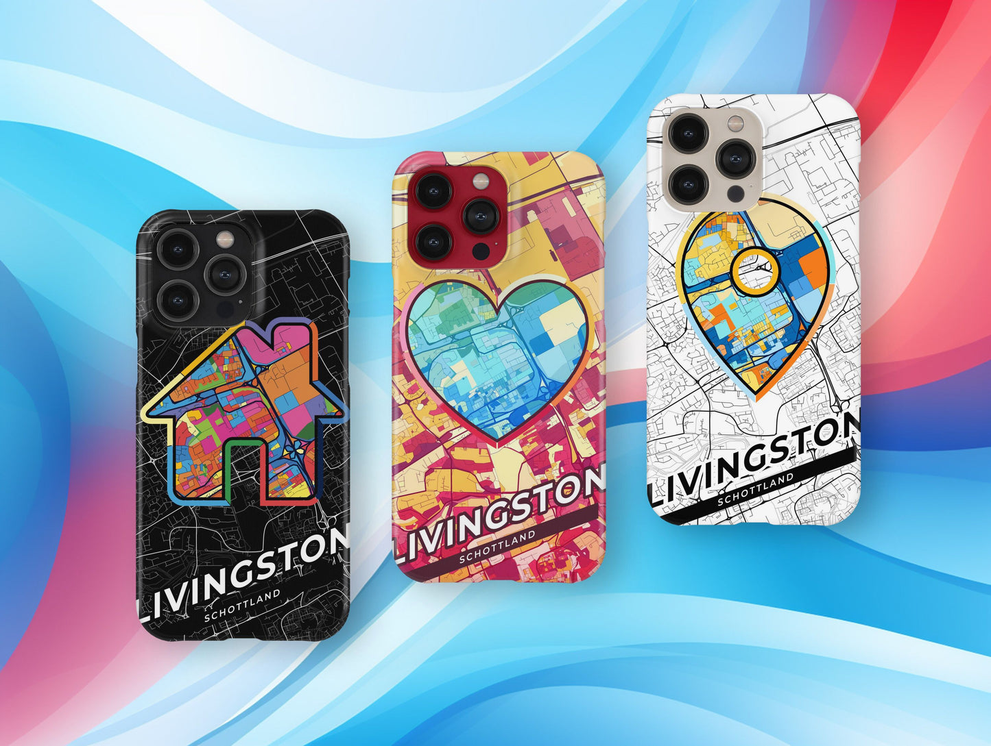 Livingston Scotland slim phone case with colorful icon. Birthday, wedding or housewarming gift. Couple match cases.