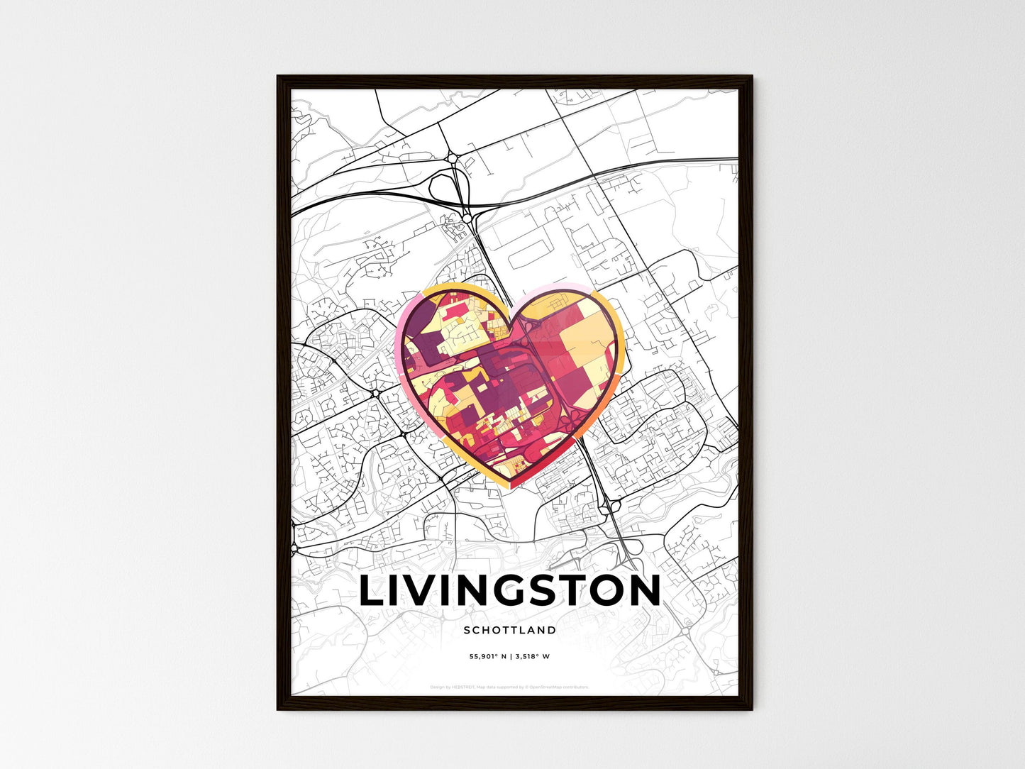 Livingston Scotland wedding art map with heart icon