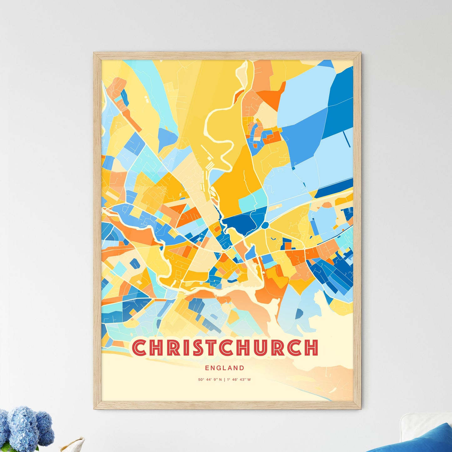 Colorful CHRISTCHURCH ENGLAND Fine Art Map Blue Orange