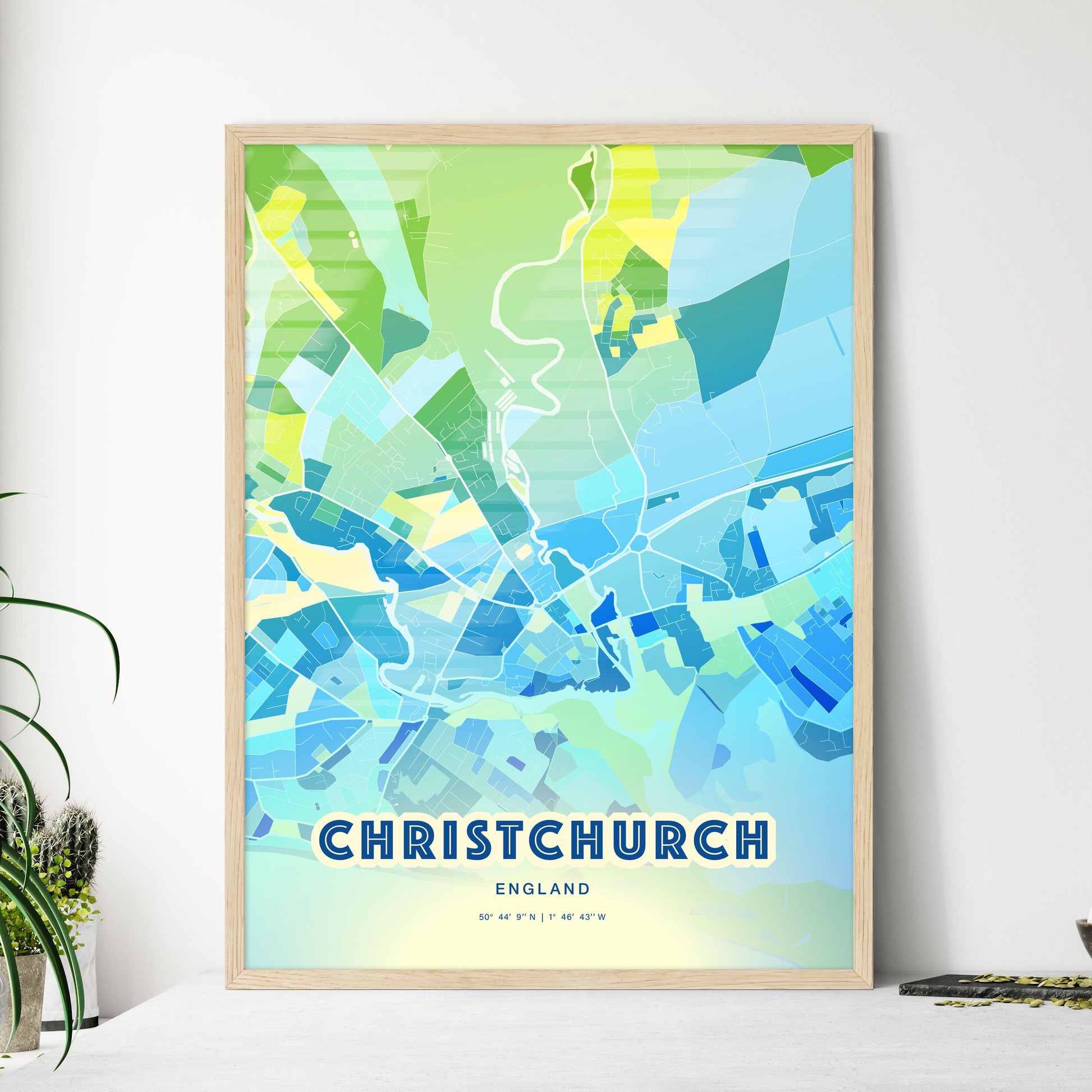 Colorful CHRISTCHURCH ENGLAND Fine Art Map Cool Blue