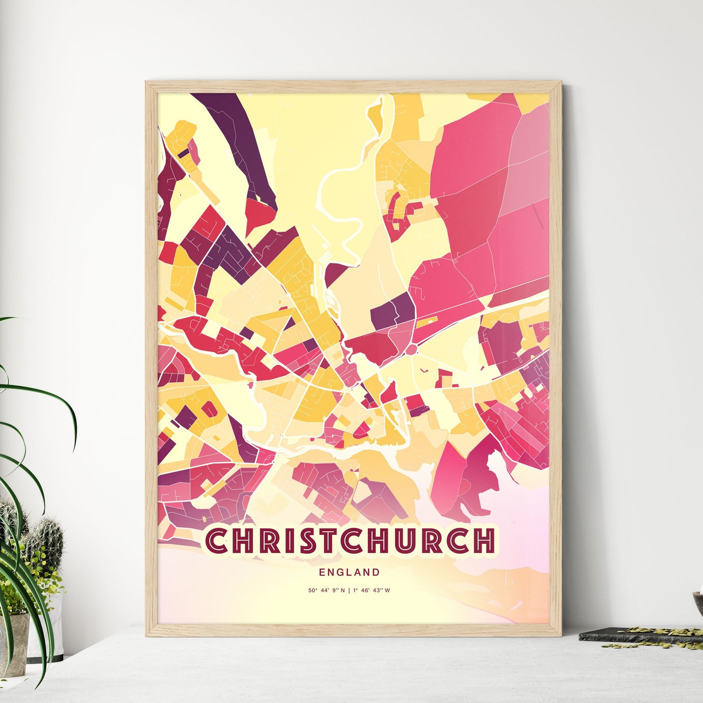 Colorful CHRISTCHURCH ENGLAND Fine Art Map Hot Red