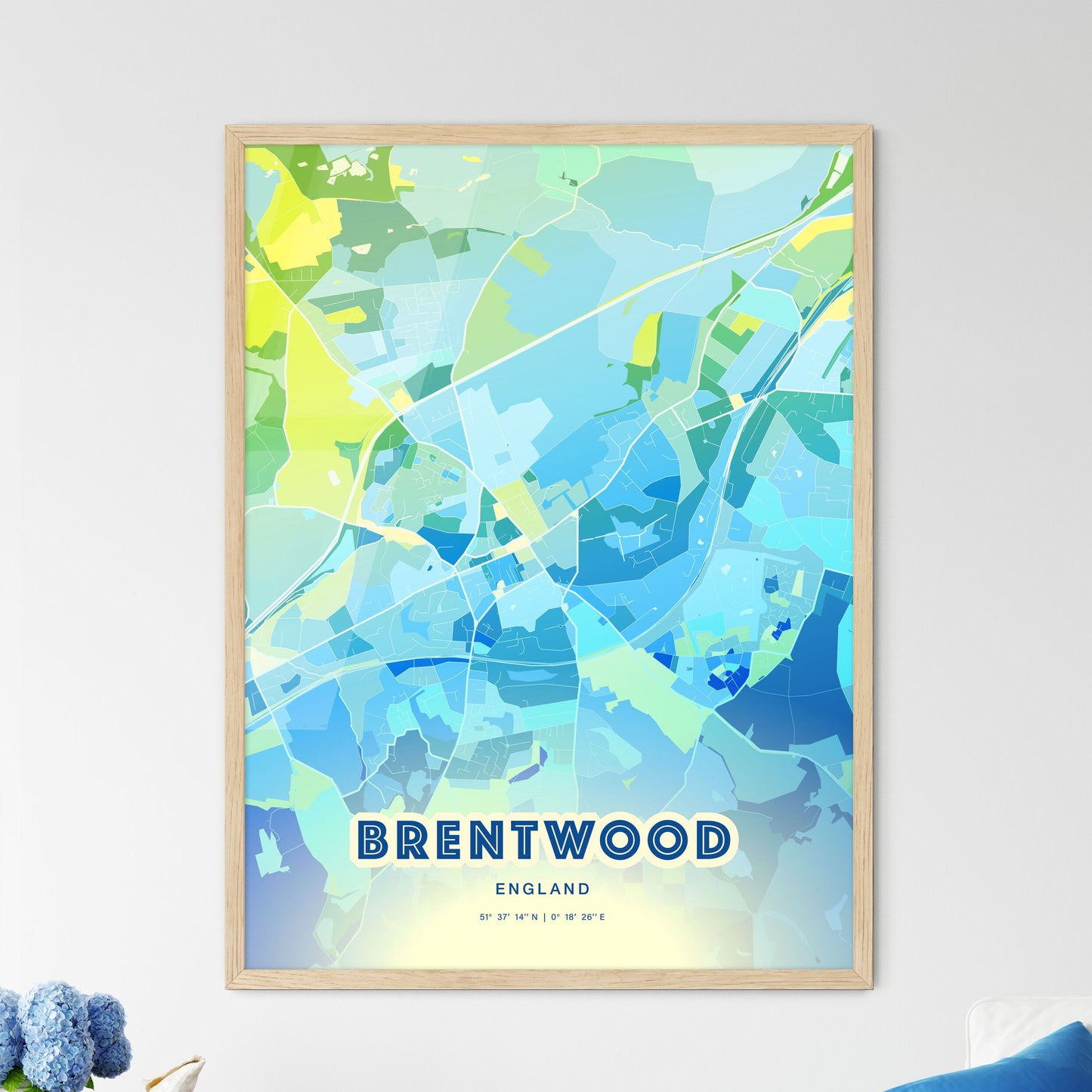 Colorful BRENTWOOD ENGLAND Fine Art Map Cool Blue