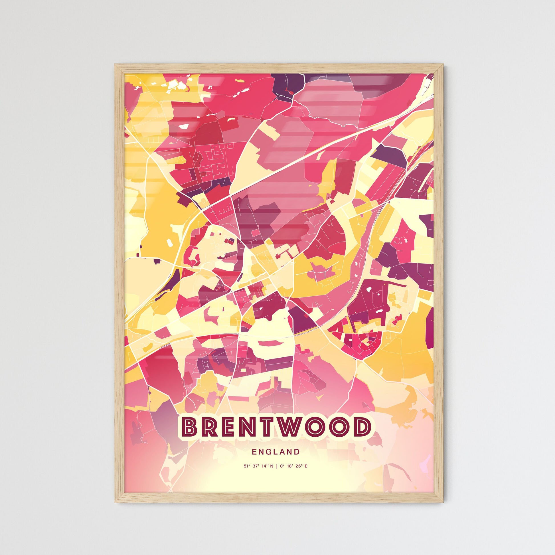 Colorful BRENTWOOD ENGLAND Fine Art Map Hot Red